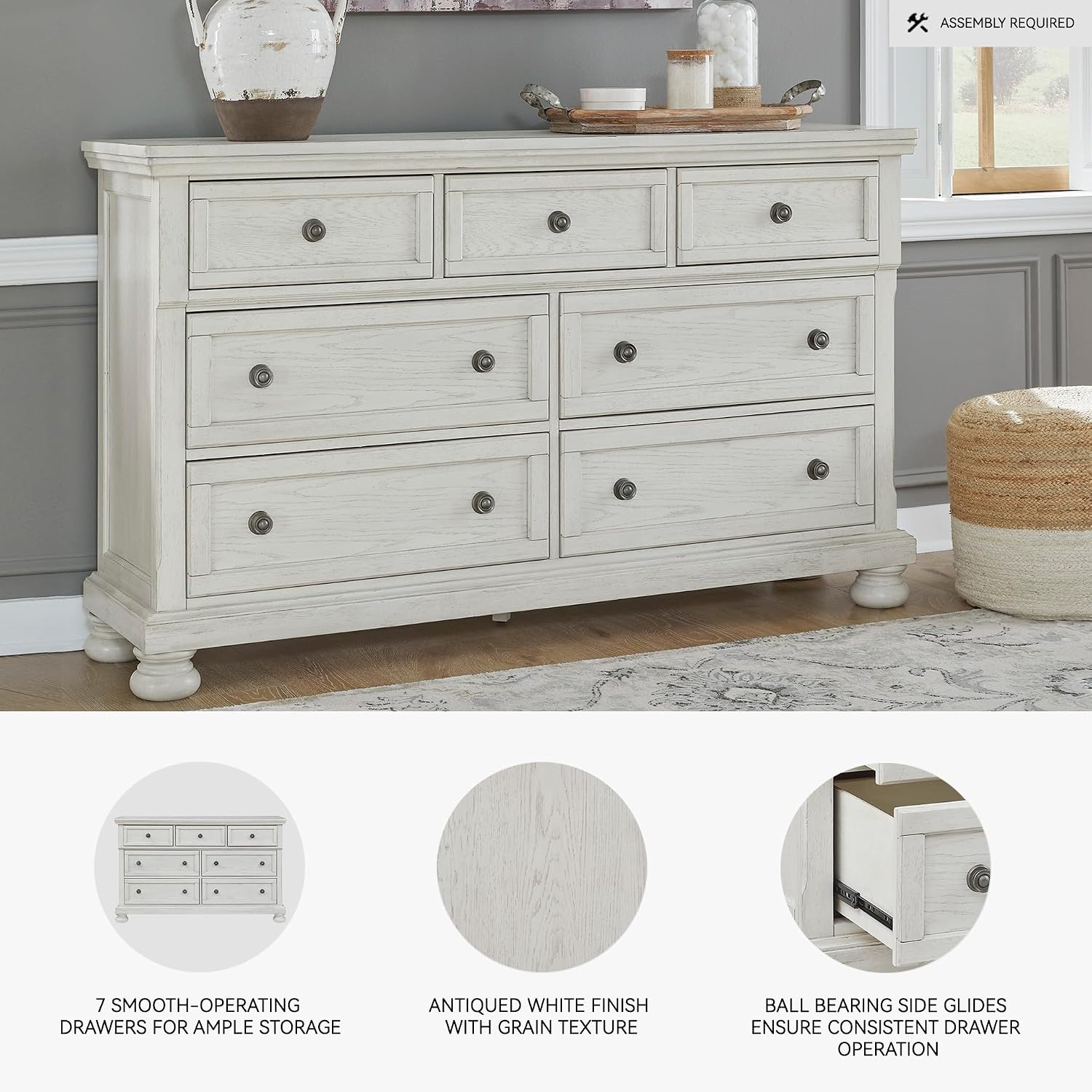 Signature Design by Ashley Robbinsdale Traditional 7 Drawer Dresser, Antique White