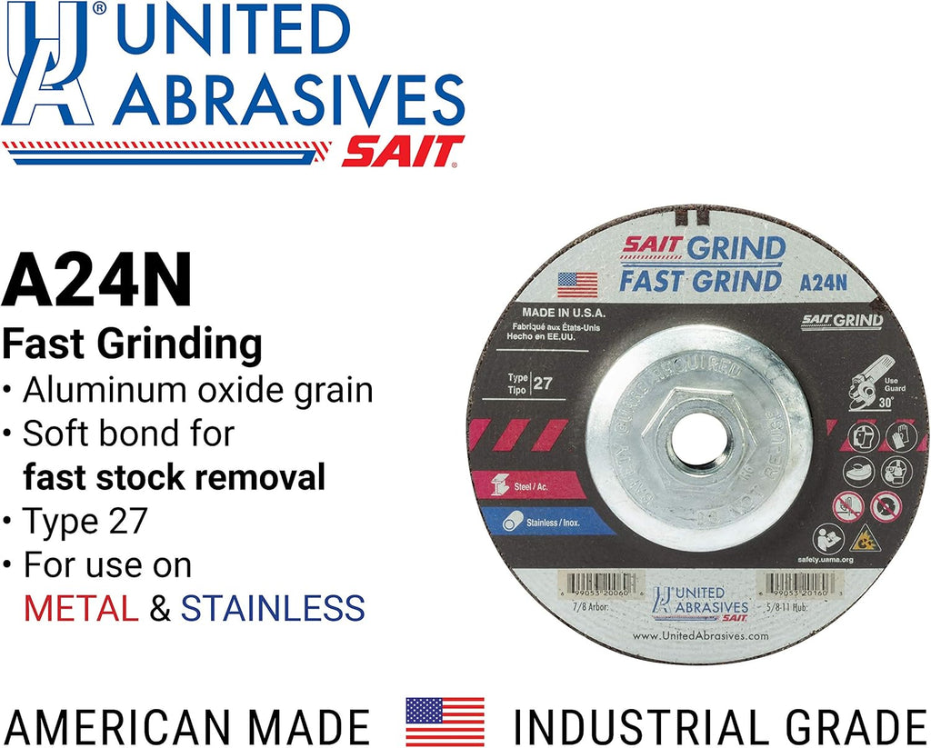 United Abrasives-SAIT 20150 A24N Fast Grinding Wheel 4 1/2' x 3/16' x 5/8-11' Type 27 with Super-Lock™ Hub, 10 Pack