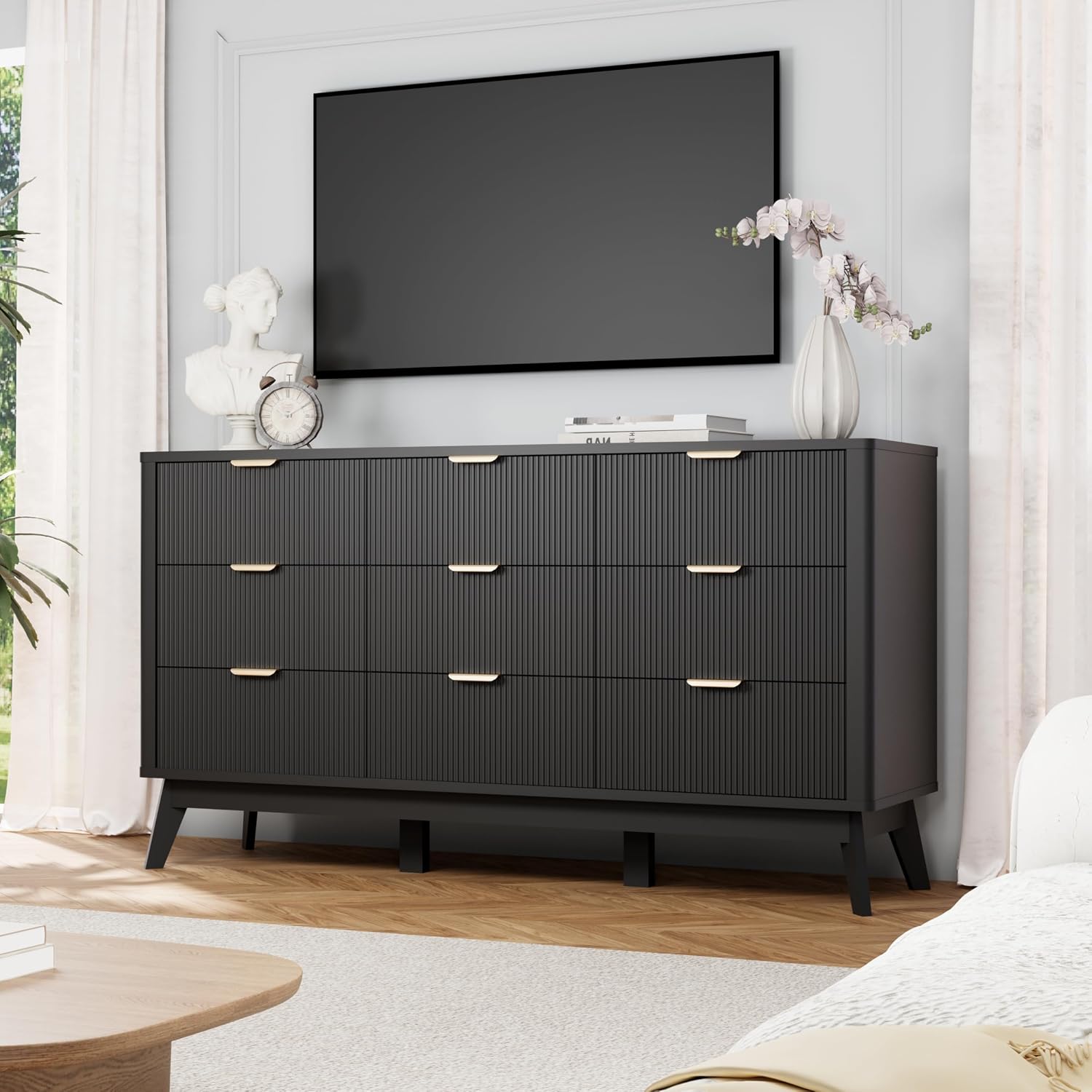 Royal Windsor Fluted 9 Drawers Dresser for Bedroom,59' Wide Wooden Dresser Chest of Drawers,Curved Profile Design,Storage Organizer for Living Room,Hallway,Black