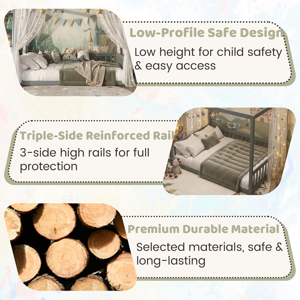 Canopy Bed Frame Full with 4 Posters and Guardrails, Rubber Wood Full Size Montessori Floor Bed with Canopy Frame, Safe and Stylish Canopy Bed Full for Kids Girls Boys,Gery