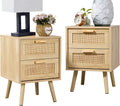 Finnhomy Nightstands Set of 2, Night Stands Set 2 with Hand Made Rattan Decorated Drawers, Nightstand, End Table, Bedside Tables Set of 2 for Bedroom, Natural, 2 Pack