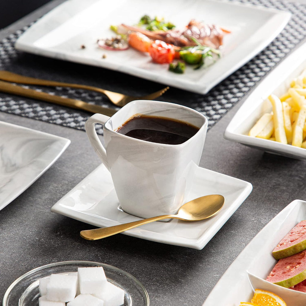 MALACASA Dinnerware Sets, 32 Pieces Porcelain Plates and Bowls Sets for 6, Marble Grey Dishes with Plates and Bowls, Cups and Saucers, Side Dish Plates, Square Dinner Set, Series Blance