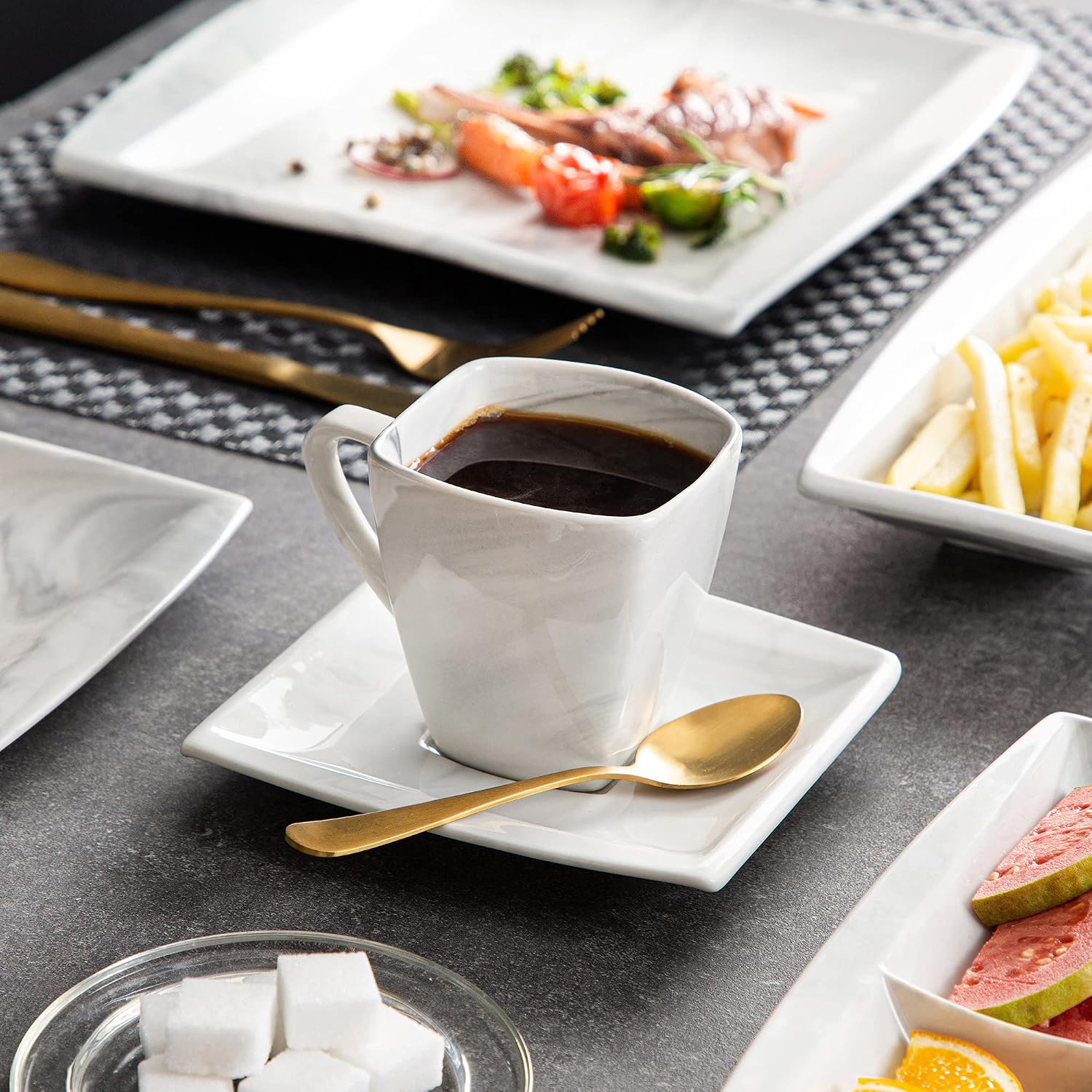 MALACASA Dinnerware Sets, 32 Pieces Porcelain Plates and Bowls Sets for 6, Marble Grey Dishes with Plates and Bowls, Cups and Saucers, Side Dish Plates, Square Dinner Set, Series Blance