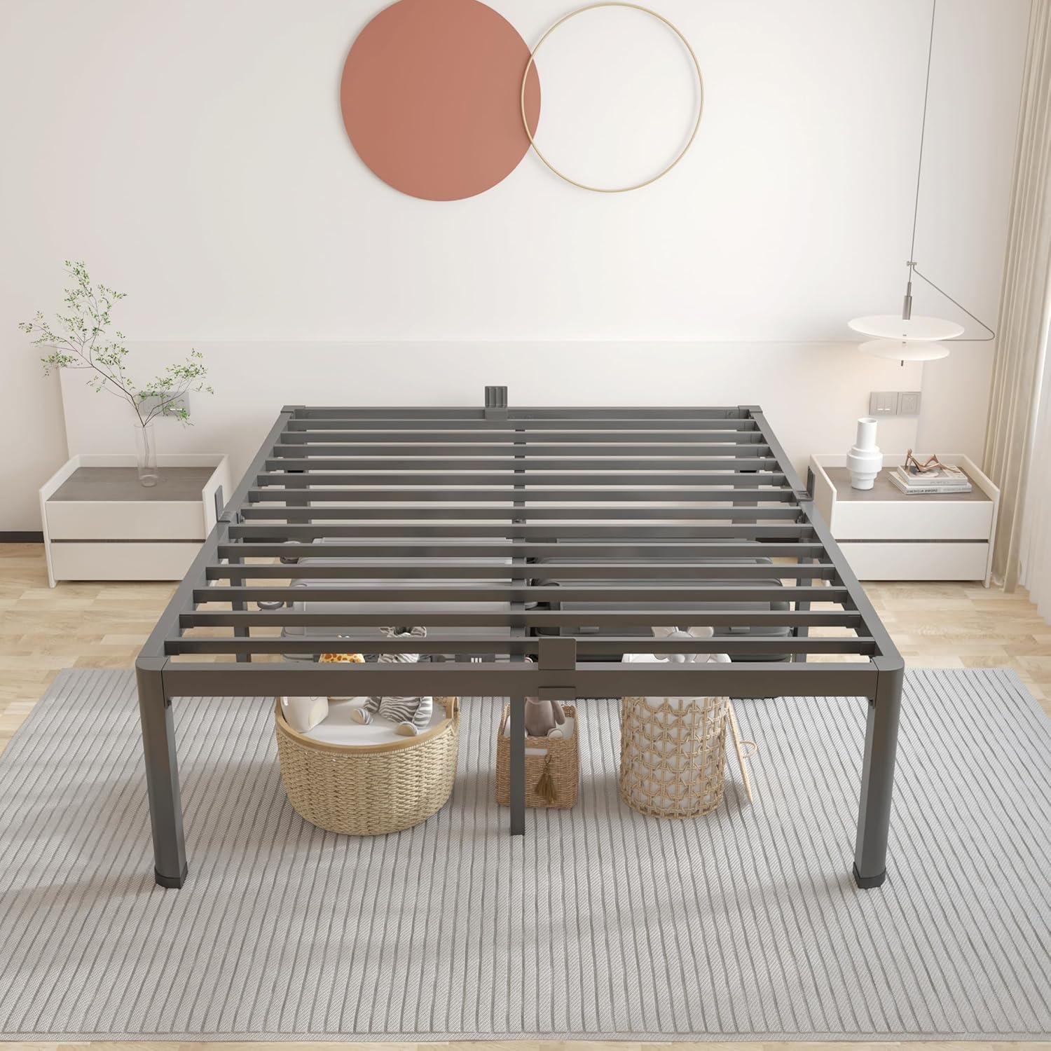 ROIL 20 Inch Queen Bed Frame with Rounded Corner and Headboard Hole Mattress Retainers 3500LBS Metal Heavy Duty Steel Slats No Box Spring Needed Platform Noise-Free Easy Assembly