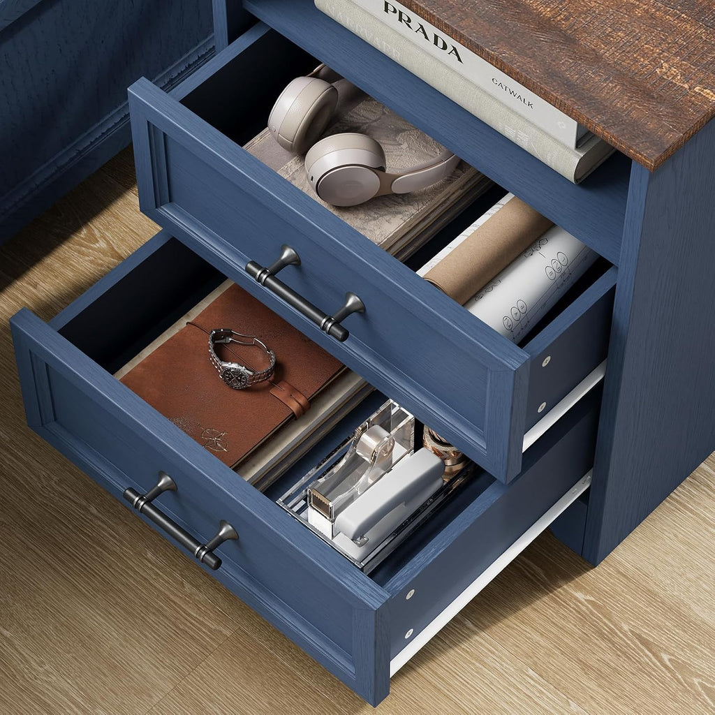YANSNWO Blue Nightstand with Charging Station, Farmhouse End Table with 2 Drawers, Bedside Table with Space-Saving Storage Cabinet, Unique Base Design for Bedroom, Living Room