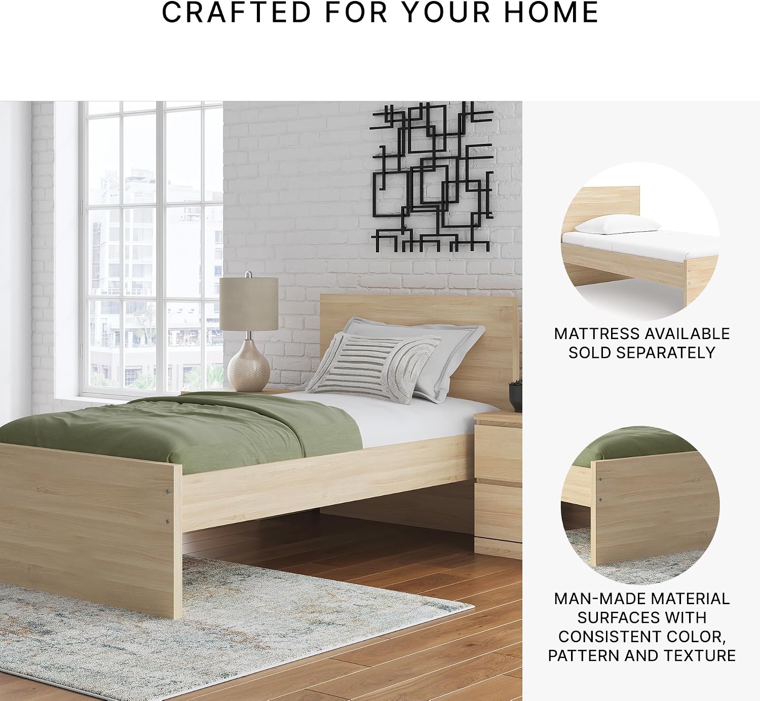 Signature Design by Ashley Onita Minimalist Panel Platform Bed, Foundation or Box Spring Not Needed, Twin, Beige