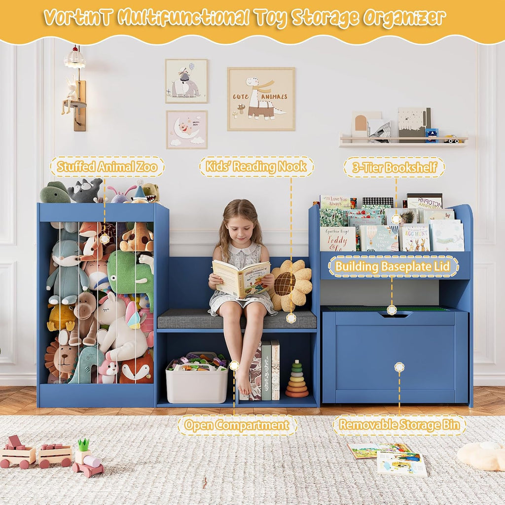 68.9'W Reading Nook, Kids Bookshelf, Toy Storage Organizer, Removable Building Baseplate Lid for Lego, Rolling Drawers, Stuffed Animal Storage, Bench and Removable Cushions for Playroom(Blue)
