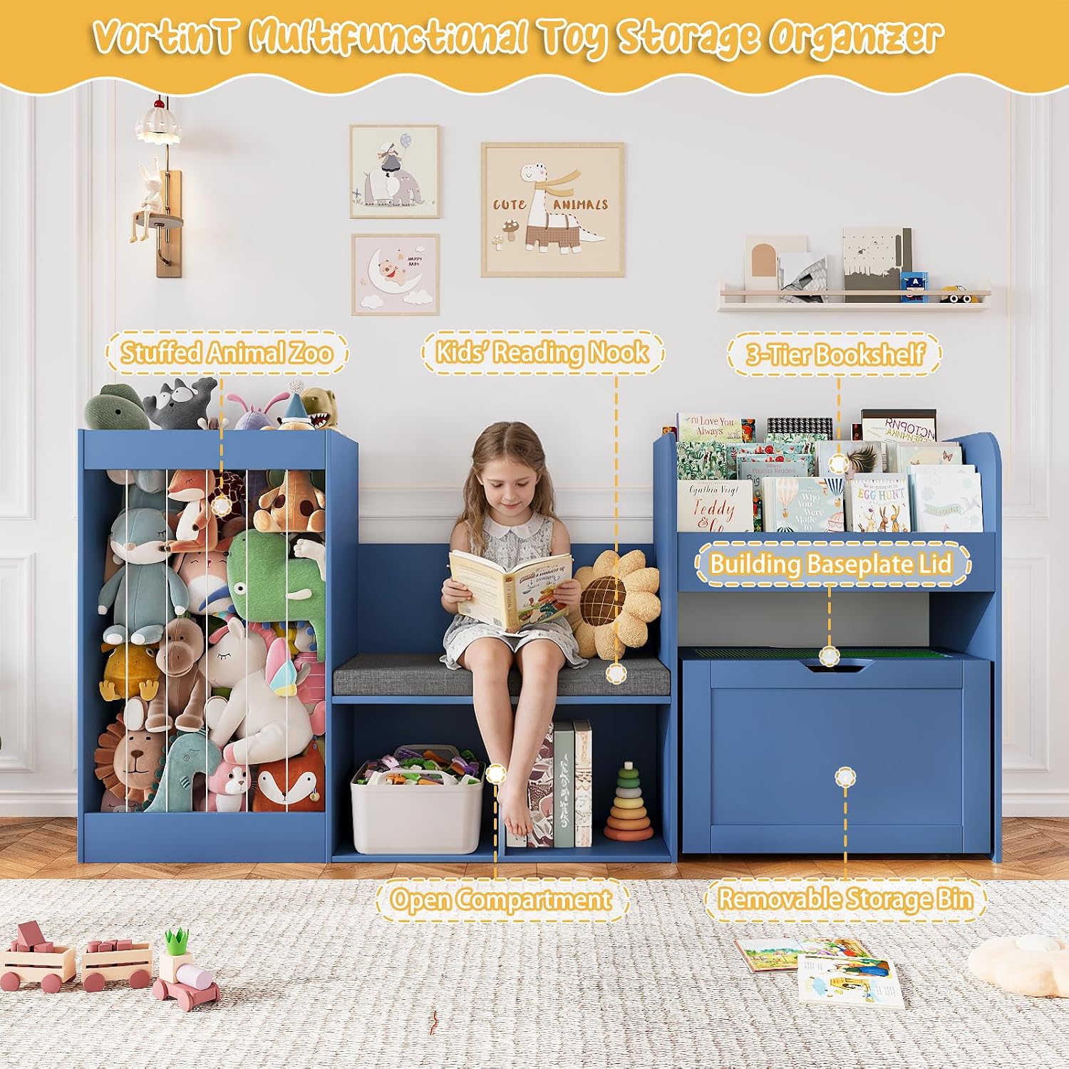 68.9'W Reading Nook, Kids Bookshelf, Toy Storage Organizer, Removable Building Baseplate Lid for Lego, Rolling Drawers, Stuffed Animal Storage, Bench and Removable Cushions for Playroom(Blue)
