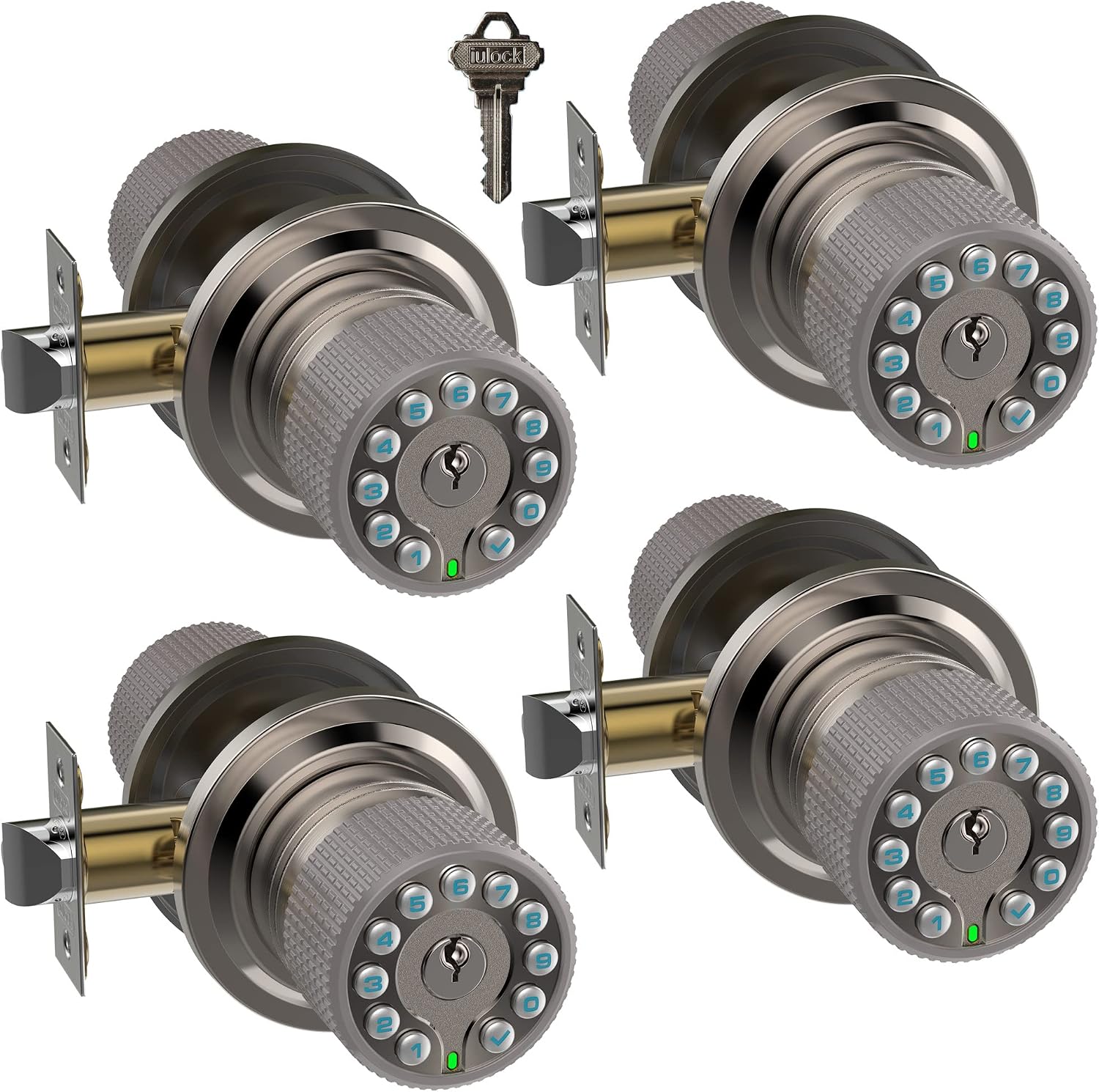 iulock Smart Door Knob with Keypad and Key,Keyless Entry Door Lock with Rubber Grip, Auto Lock,50 User Code,Waterproof, Easy to Install and Program for Bedroom(Stain Nickel Same Key 4 Pack)