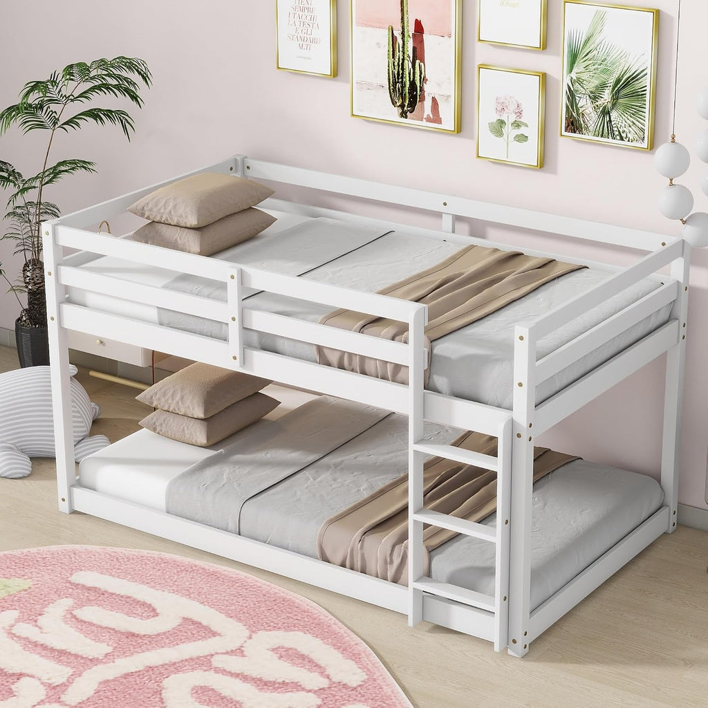 Ball & Cast Twin Over Twin Bunk Bed,Solid Rubber Wooden Low Floor Platform Bed with Ladder and Full Length Guardrail,Slat Support,Bedroom Furniture for Girls Boys,White
