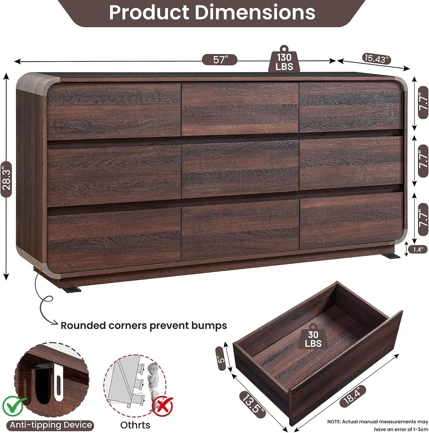 Standifurno 9 Drawer Double Dresser for Bedroom, Modern Curved Wood Chest Drawers of Handleless, Large Storage Dresser Bedroom, Living Room, Entryway, Walnut