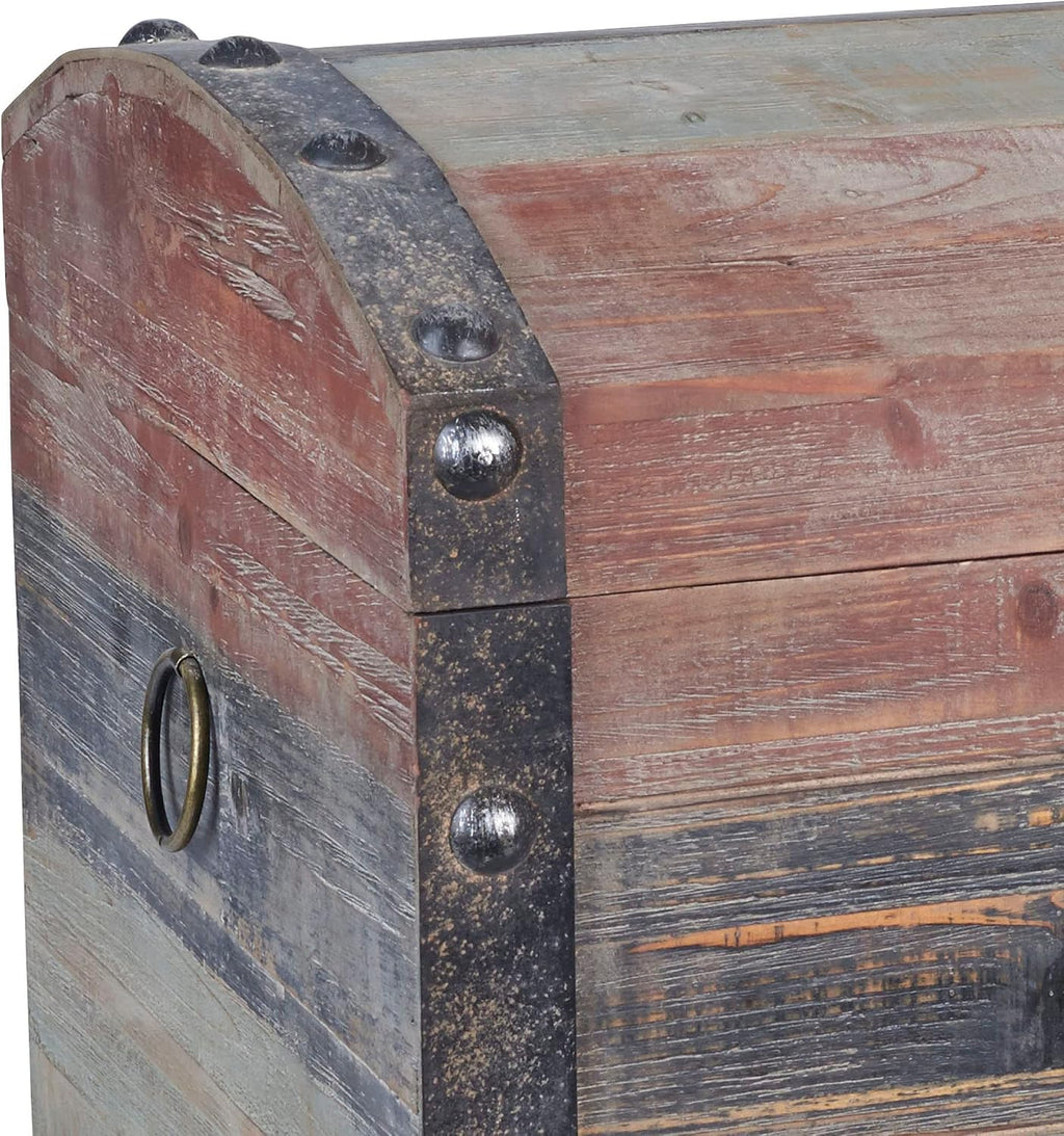 Household Essentials Small Wooden Storage Trunk, Weathered Wood with Paint Finish, Hinged Lid with Metal Accents