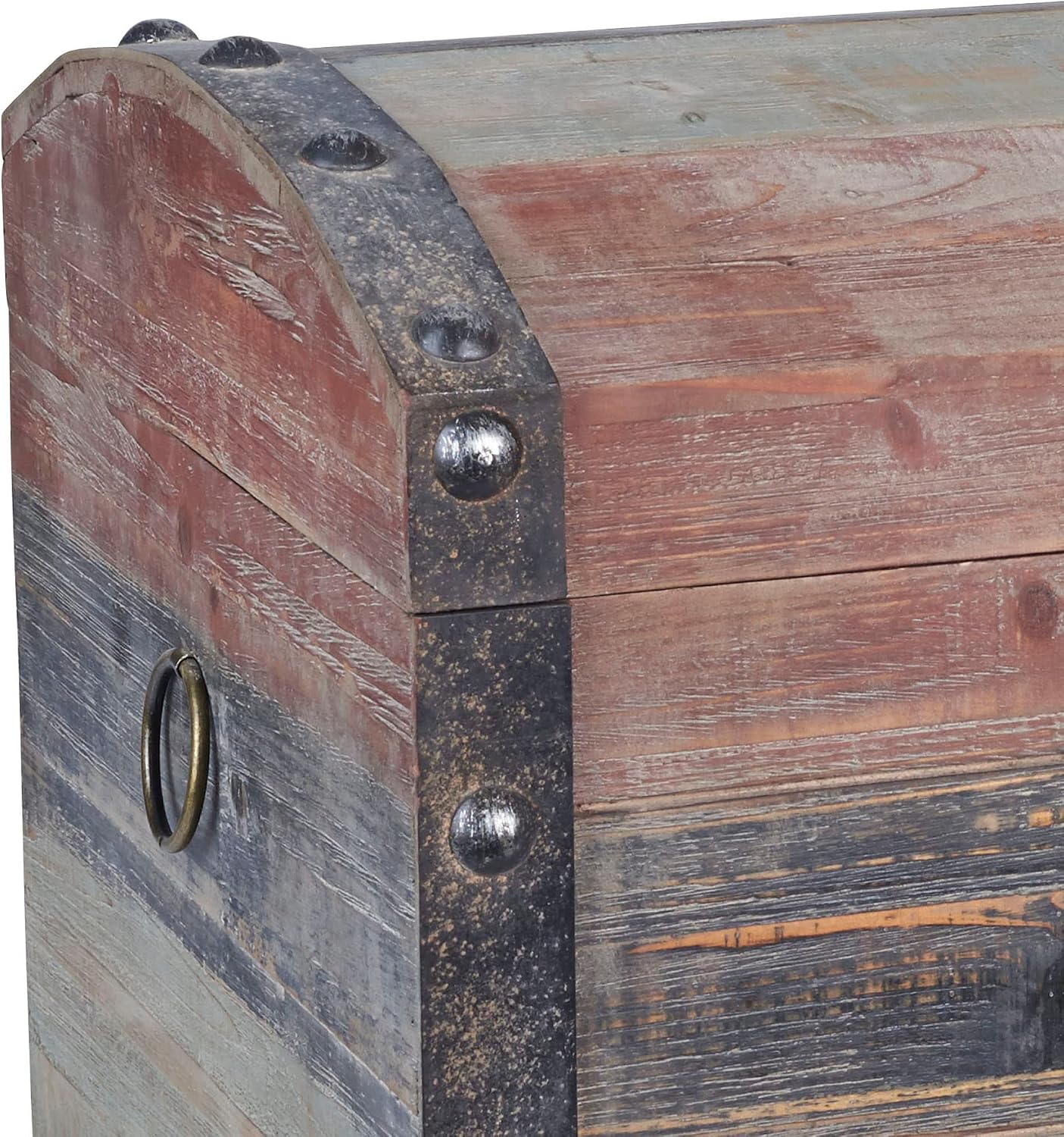 Household Essentials Small Wooden Storage Trunk, Weathered Wood with Paint Finish, Hinged Lid with Metal Accents