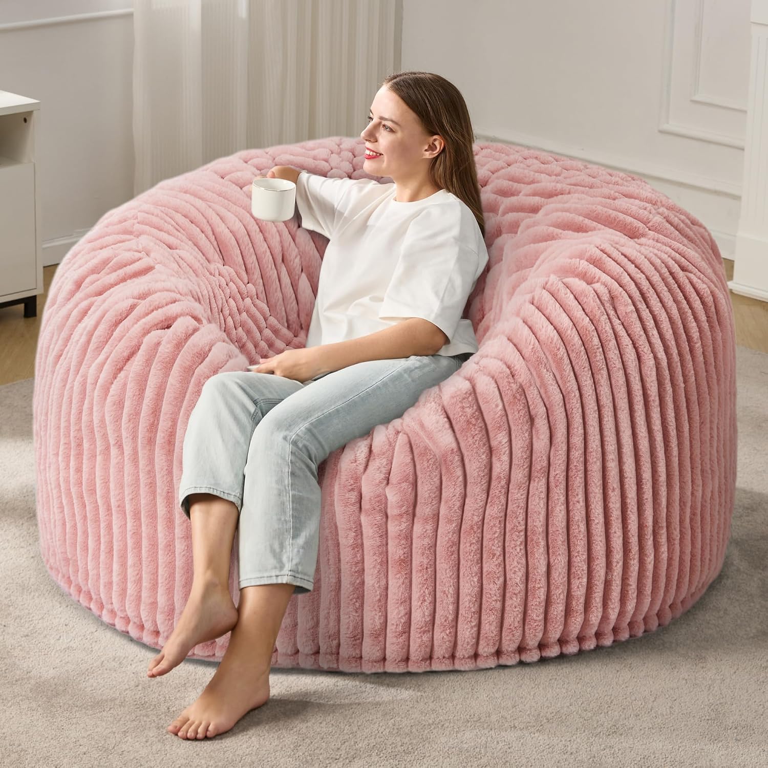 5ft Bean Bag Chairs for Adults Large Beanbag Chair with Stripe Plush Cover Big Bean Bag Chair for Living Room Bedroom Dorm Office