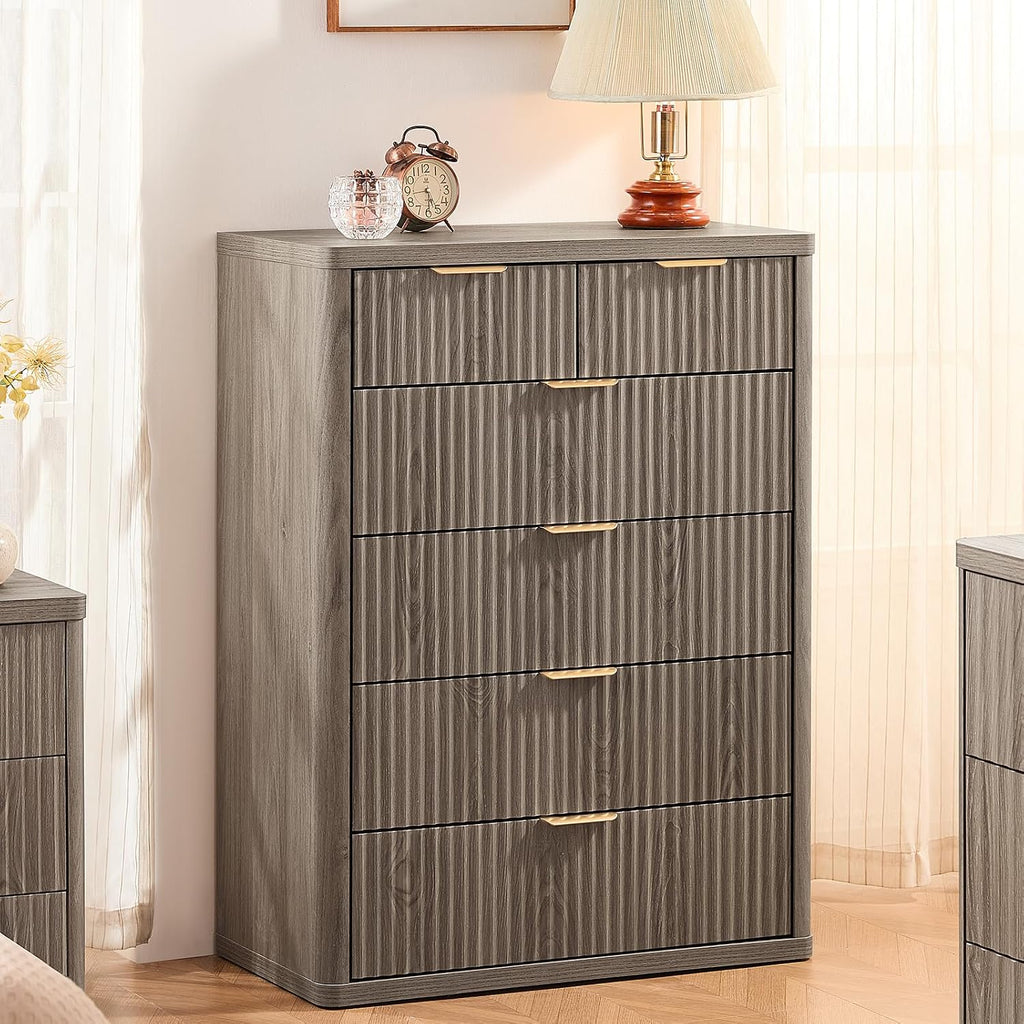 LEYAOYAO Fluted 6 Drawers Dresser for Bedroom Set of 2, 42' Tall Modern Chest of Drawers with Metal Handle, Curved Profile Design,Grey Wood Drawer Organizer for Bedroom, Living Room, Hallway