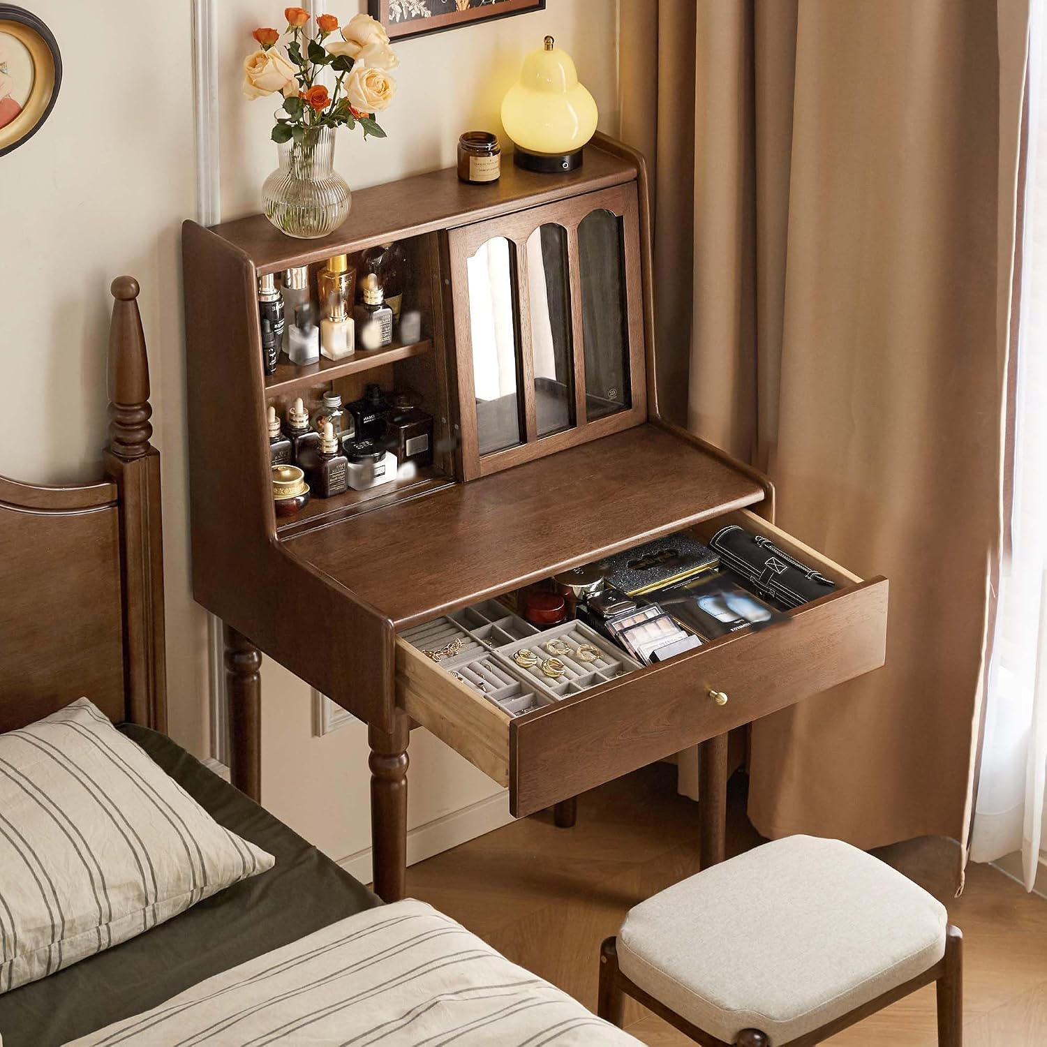 YESWOOD Vintage Vanity Desk, Solid Rubber Wood Dressing Table, Vintage Dressing Table Vanity Desk for Bedroom, Walnut, 23' D x 18' W x 48' H