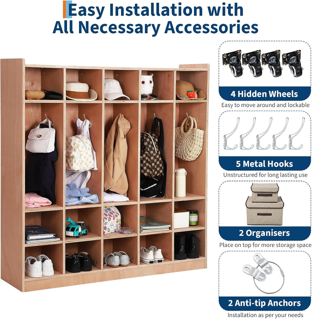 Garvee 5-Section Classroom Coat Locker, 15 Cubbies for Classrooms with Anti-tip Anchors, Daycare Cubby with 4 casters, 5 Hooks and 2 Storage Boxes, for Home/School/Kindergarten