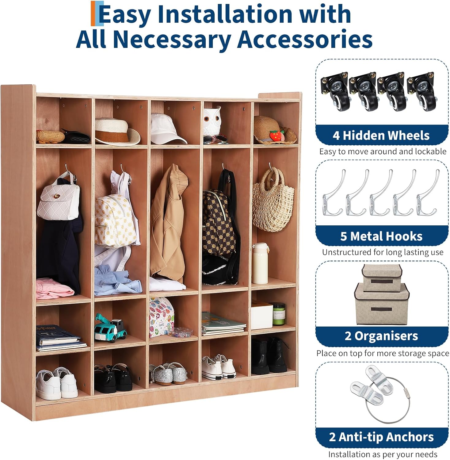 Garvee 5-Section Classroom Coat Locker, 15 Cubbies for Classrooms with Anti-tip Anchors, Daycare Cubby with 4 casters, 5 Hooks and 2 Storage Boxes, for Home/School/Kindergarten
