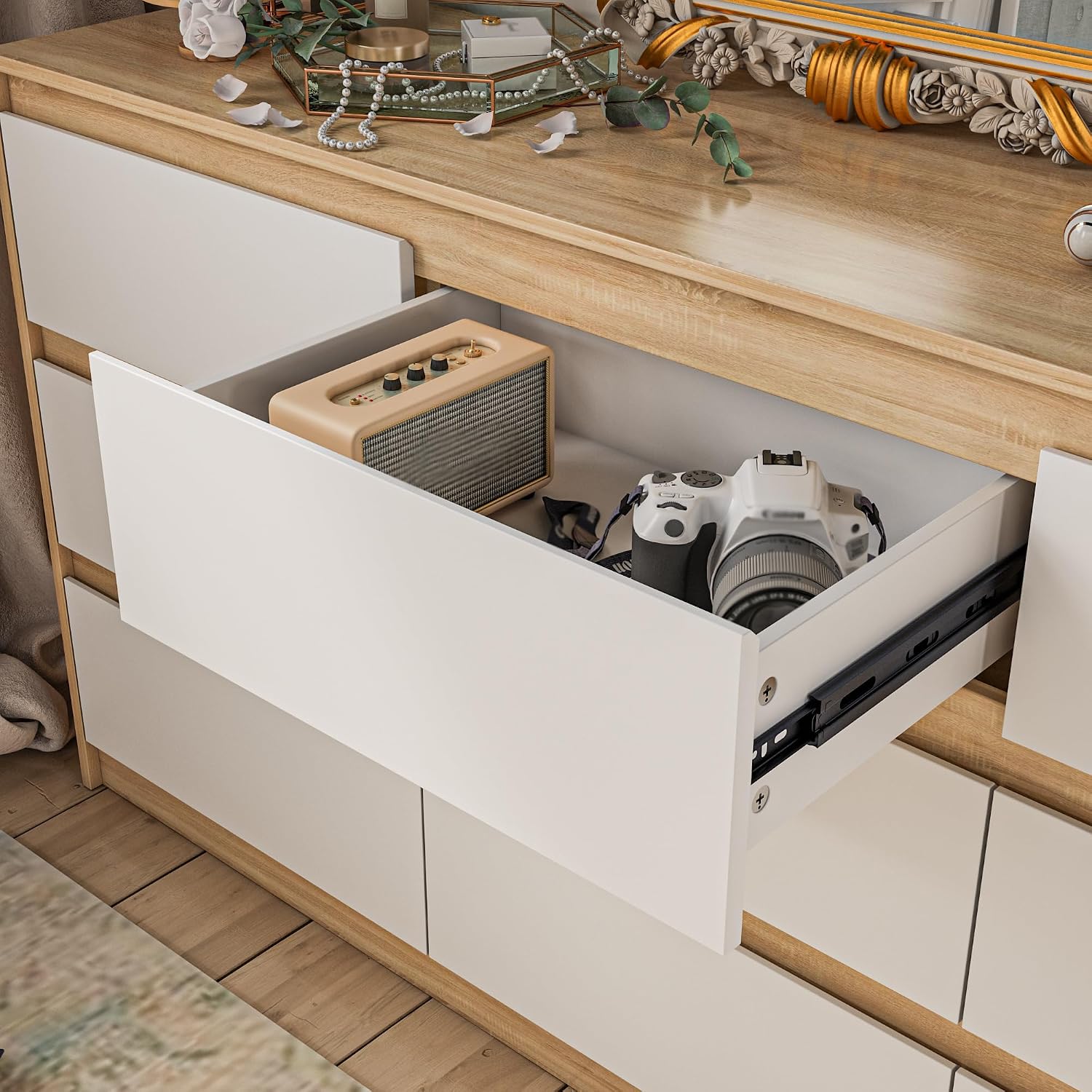 9 Drawer Dresser for Bedroom with Deep Drawers, Large Floor Wood Dressers & Chest of Drawers Handle Free, Modern Long Dressers for Closet Living Room, Wood Color (63' W x 15.7' D x 31.5' H)