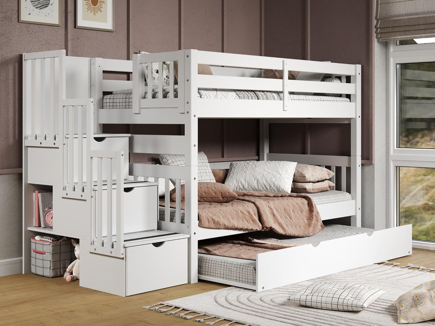Bedz King Stairway Bunk Beds Twin Over Twin, 3 Step Drawers and a Twin Trundle, White