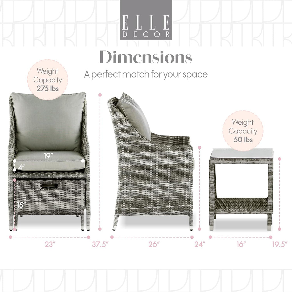 Elle Decor Vallauris Patio Outdoor Furniture Collection, Premium All Weather Wicker, 5 Piece Non-Reclining Set, Gray