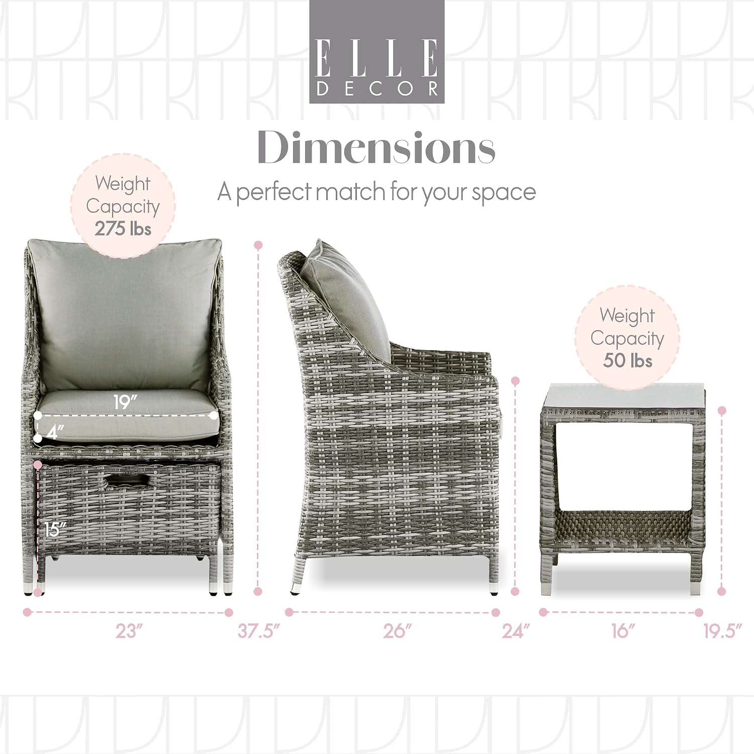 Elle Decor Vallauris Patio Outdoor Furniture Collection, Premium All Weather Wicker, 5 Piece Non-Reclining Set, Gray
