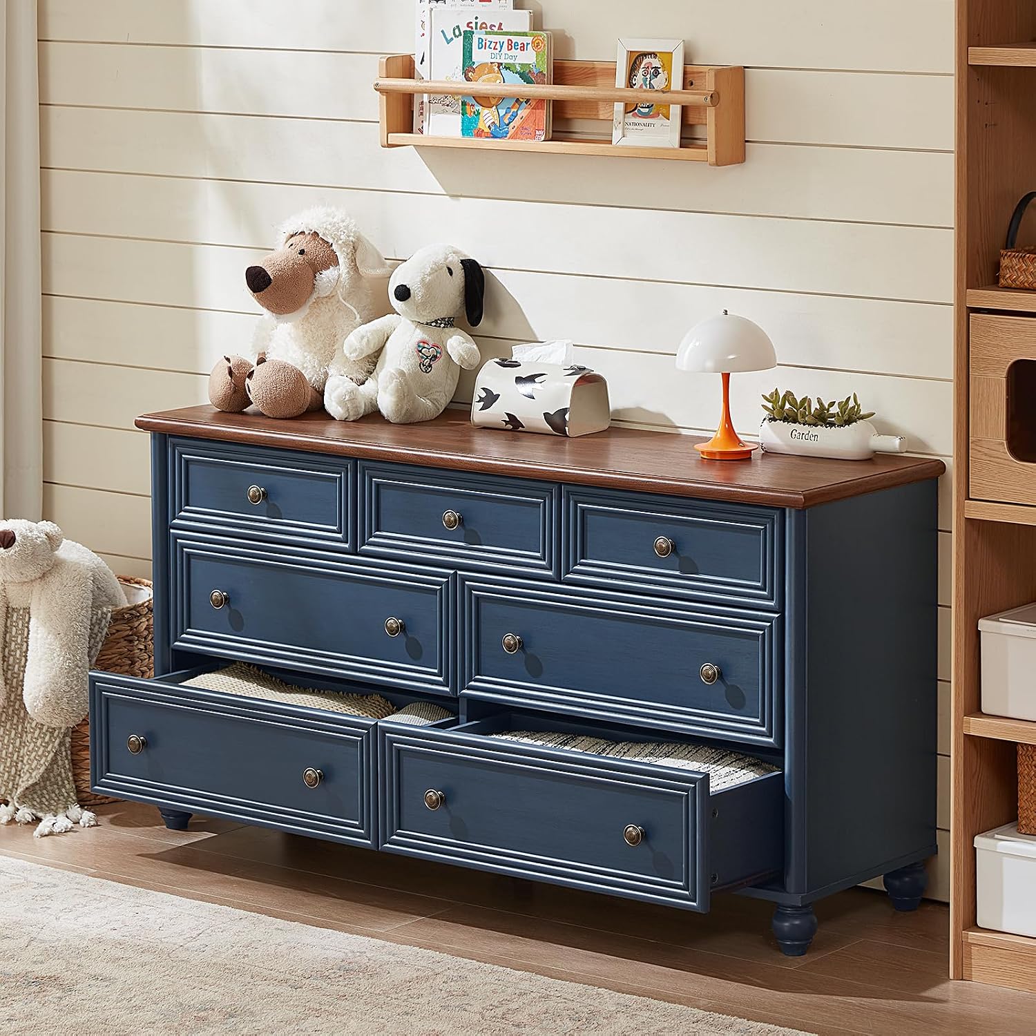 Farmhouse Dressers & Night Stand Set of 4, Wood 54' Wide 7 Drawer Dresser & 45' Tall Chest of Drawers, 18' Roman Column Nightstand Set of 2, Bedroom Furniture Dresser Sets for Home Living Room Hallway