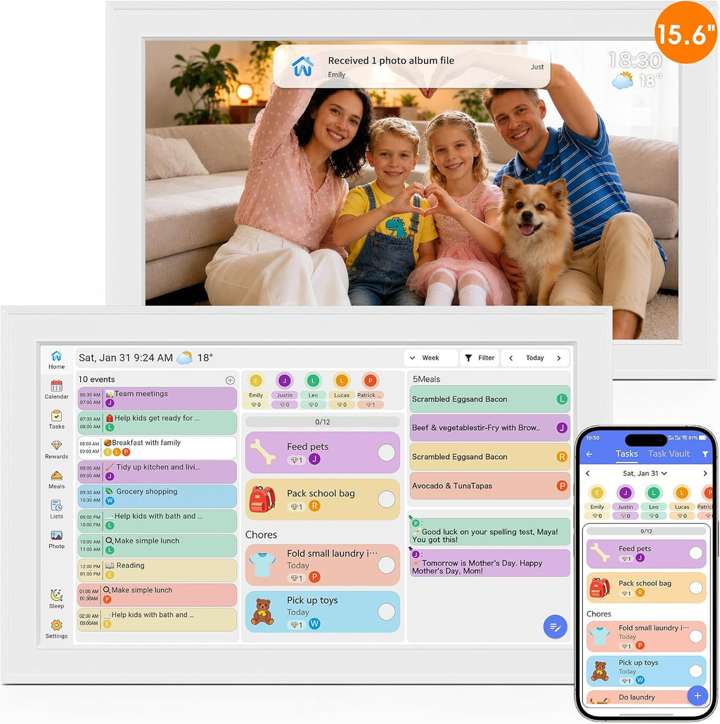 Digital Calendar, 15.6-inch Smart Family Calendar with Touch Screen, No Subscription, Family Wall Planner & Chore Chart, Interactive HD Display for Family Schedules, Meal Planning, Photo Display, Desktop & Wall Mount