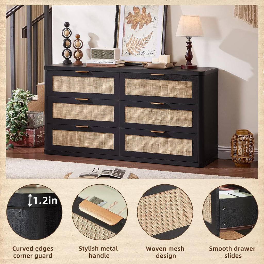 LEYAOYAO Rattan 6 Drawer Dresser for Bedroom Set of 2, Boho 54' Wide Black Dresser Chest of Drawers, Dressers TV Stand with Metal Handle, Storage Dressers Closet Organizer for Living Room, Hallway