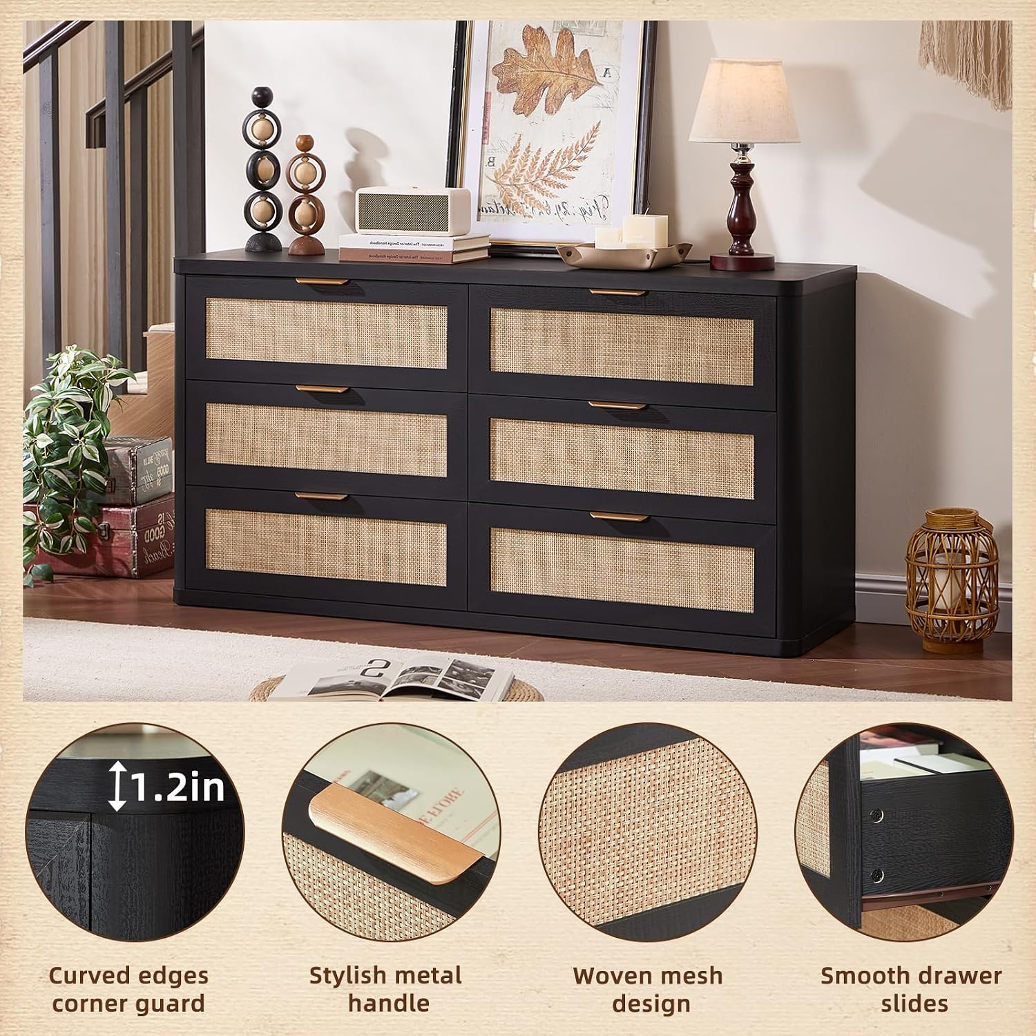 LEYAOYAO Rattan 6 Drawer Dresser for Bedroom Set of 2, Boho 54' Wide Black Dresser Chest of Drawers, Dressers TV Stand with Metal Handle, Storage Dressers Closet Organizer for Living Room, Hallway