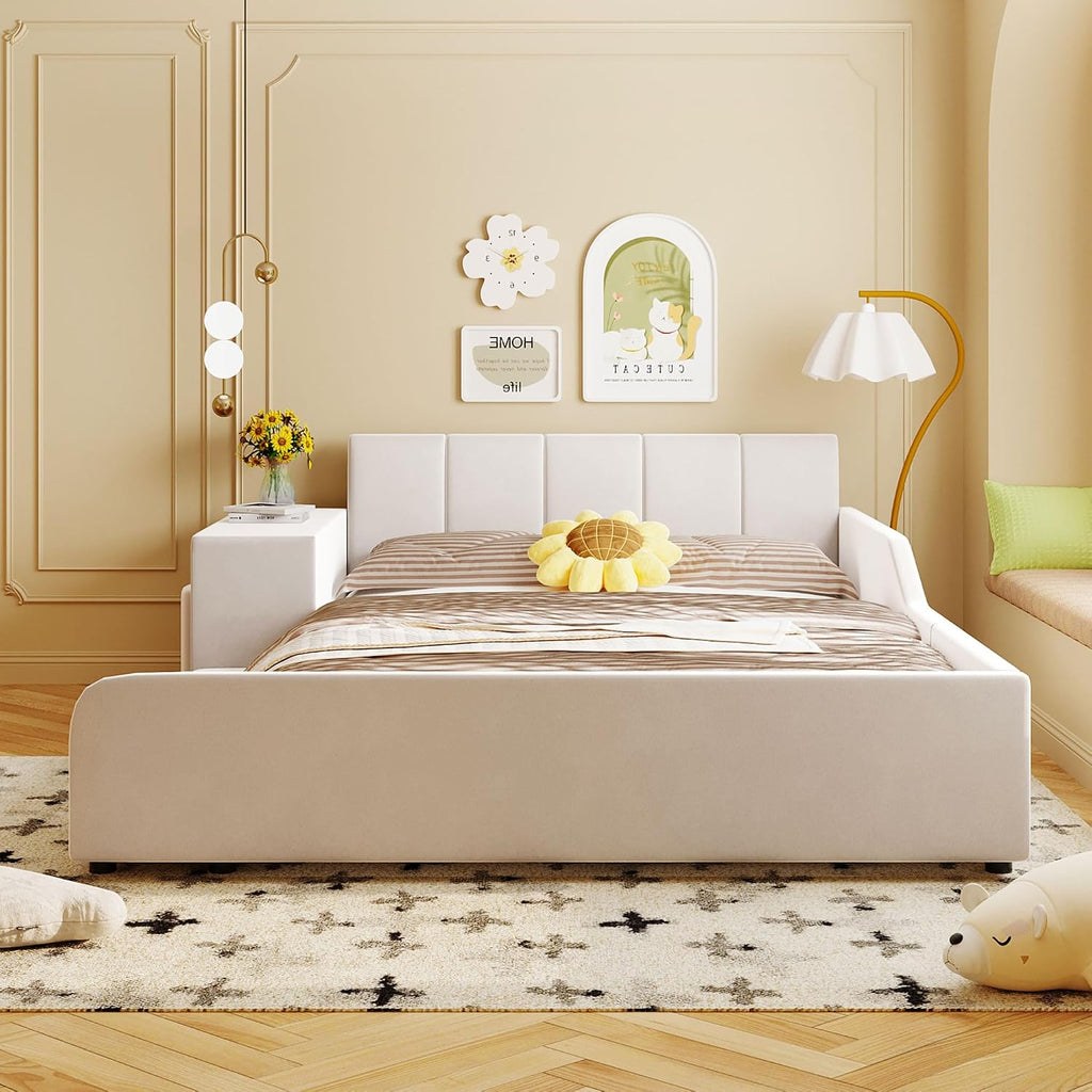 Full Size Upholstered Grounded Bed,Mother & Child Bed with Bedside Desk and Little Round Stool,for Kids Boys Girls Bedroom Use (Beige@Desk/, Full)