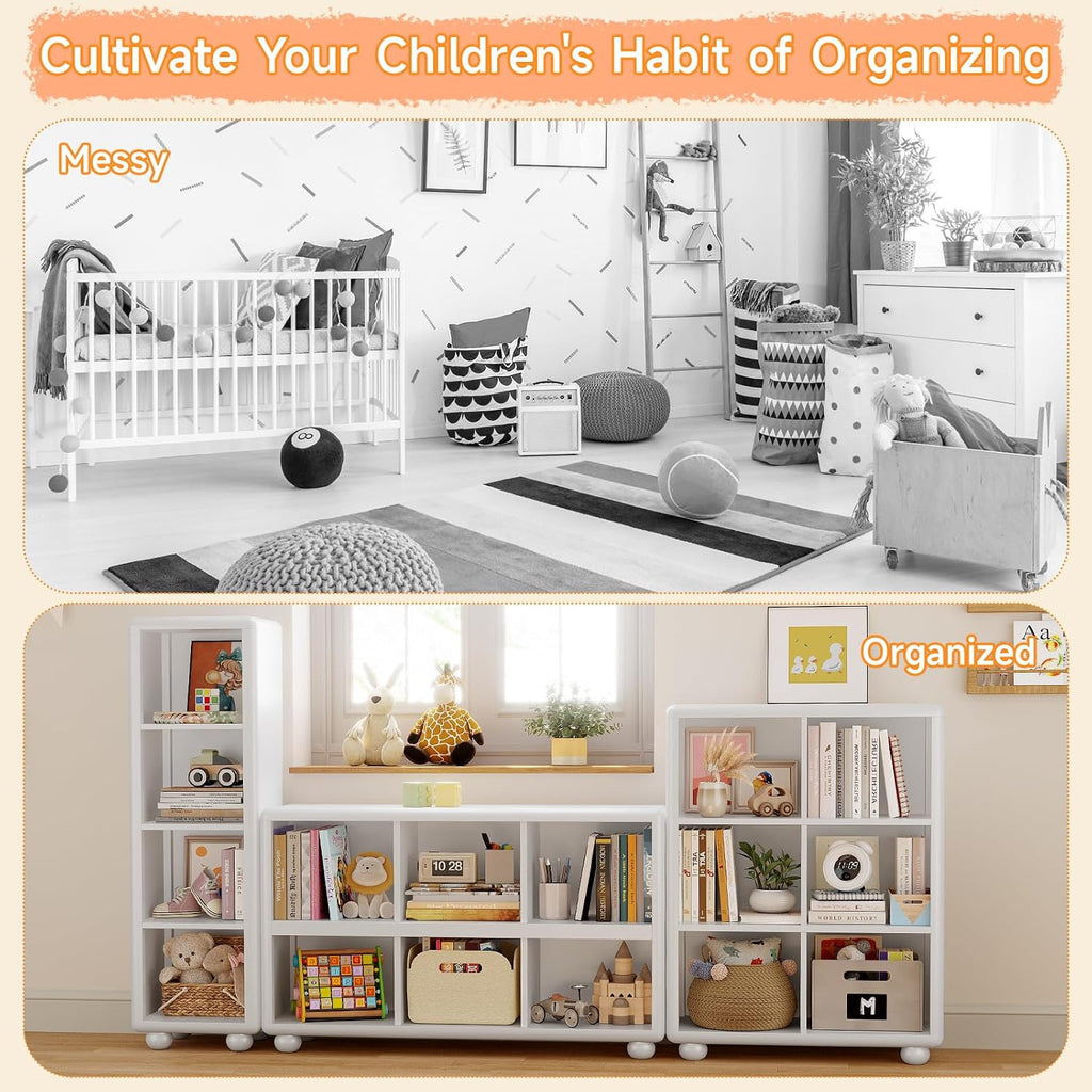 Kids Bookshelf, Large Wooden Bookcase with 6 Cube Storage, Girl Toy Storage Organizer Cabinet with Child Safe Paint&Thick Board, Boy Tall Book Shelves Nook for Office Playroom Living Room(White)