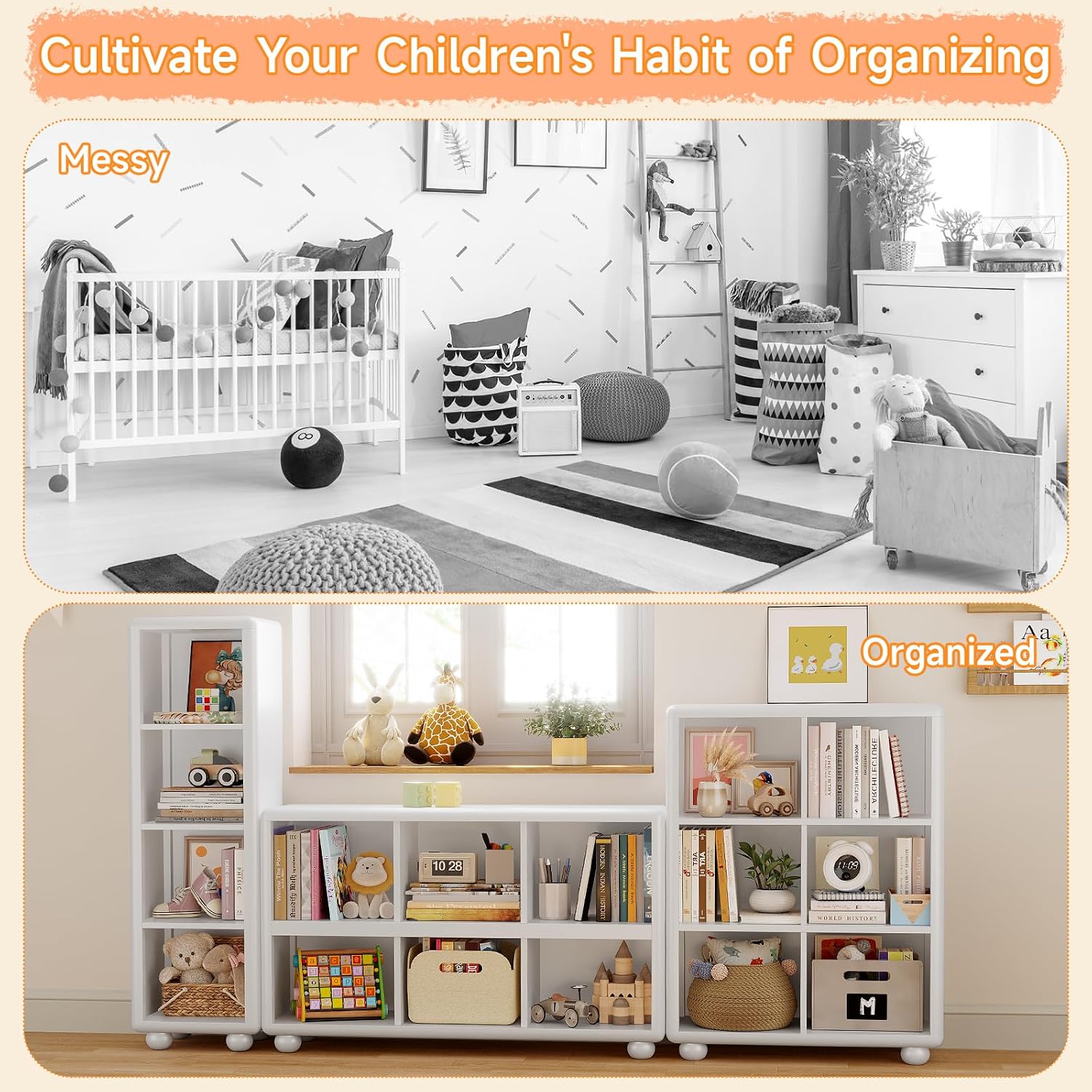 Kids Bookshelf, Large Wooden Bookcase with 6 Cube Storage, Girl Toy Storage Organizer Cabinet with Child Safe Paint&Thick Board, Boy Tall Book Shelves Nook for Office Playroom Living Room(White)