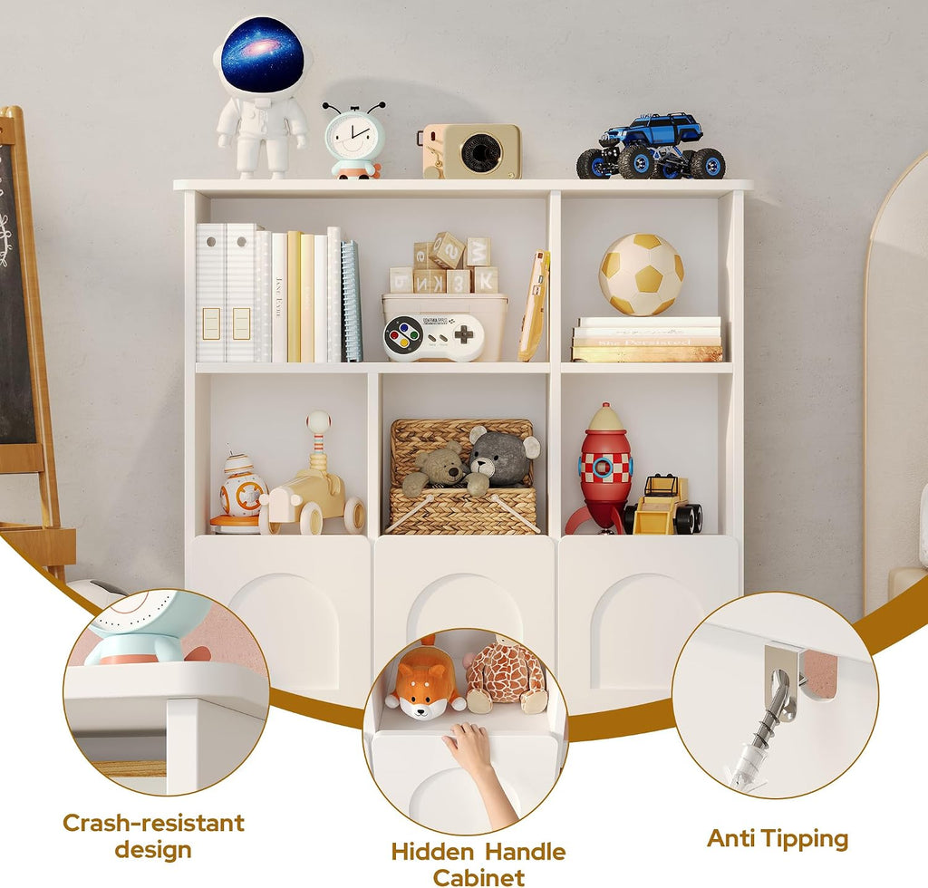 knoworld Kids Bookshelf with Toy Storage, Hidden Bookshelf Organizer with 3 Hidden Roller Drawer and 5 Open Cubbies for Kid Room,Living Room,White
