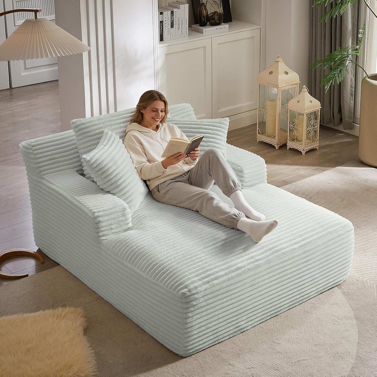 Oversized Chaise Lounge Chair Indoor, 66' Cloud Boneless Sleeper Couch Corduroy Upholstered Sofa Bed Deep Seat Comfy Reading Chair with 3 Pillows for Living Room Bedroom, Light Grey
