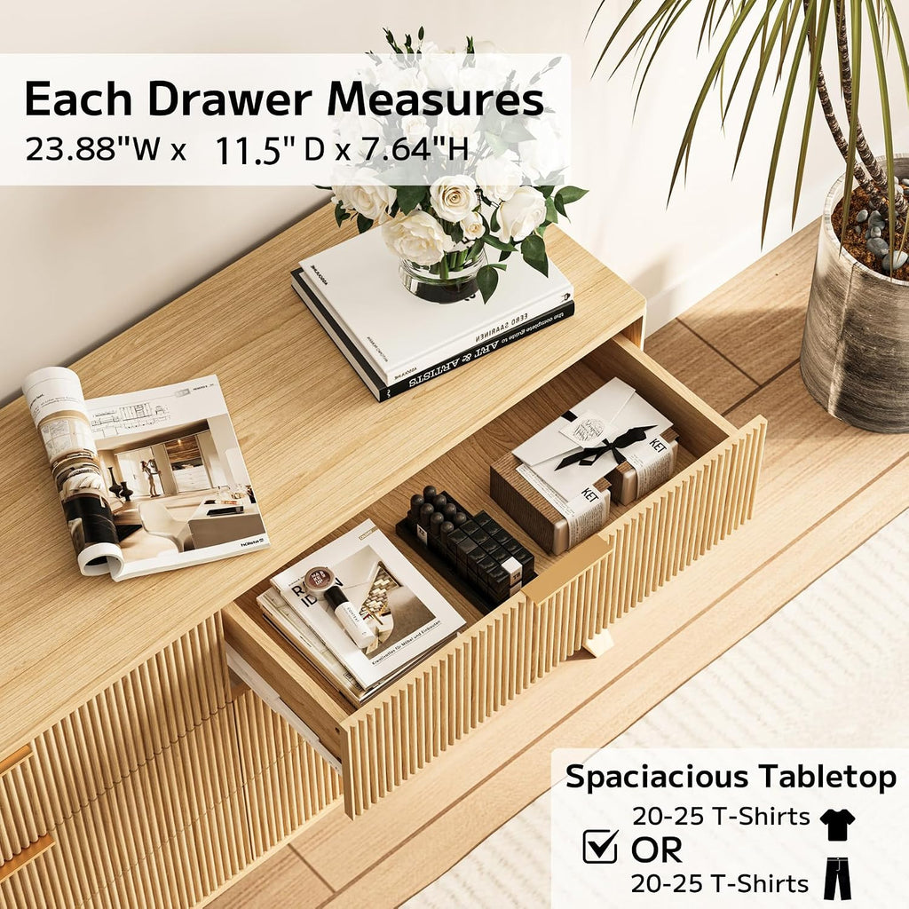 Fluted Dresser with 6 Drawers, 53.43 Inch Wood Double Dresser with Metal Handles Curved Design Wide Storage Organizer Cabinet Modern Chest Dressers for Bedroom Living Room Hallway(Oak)