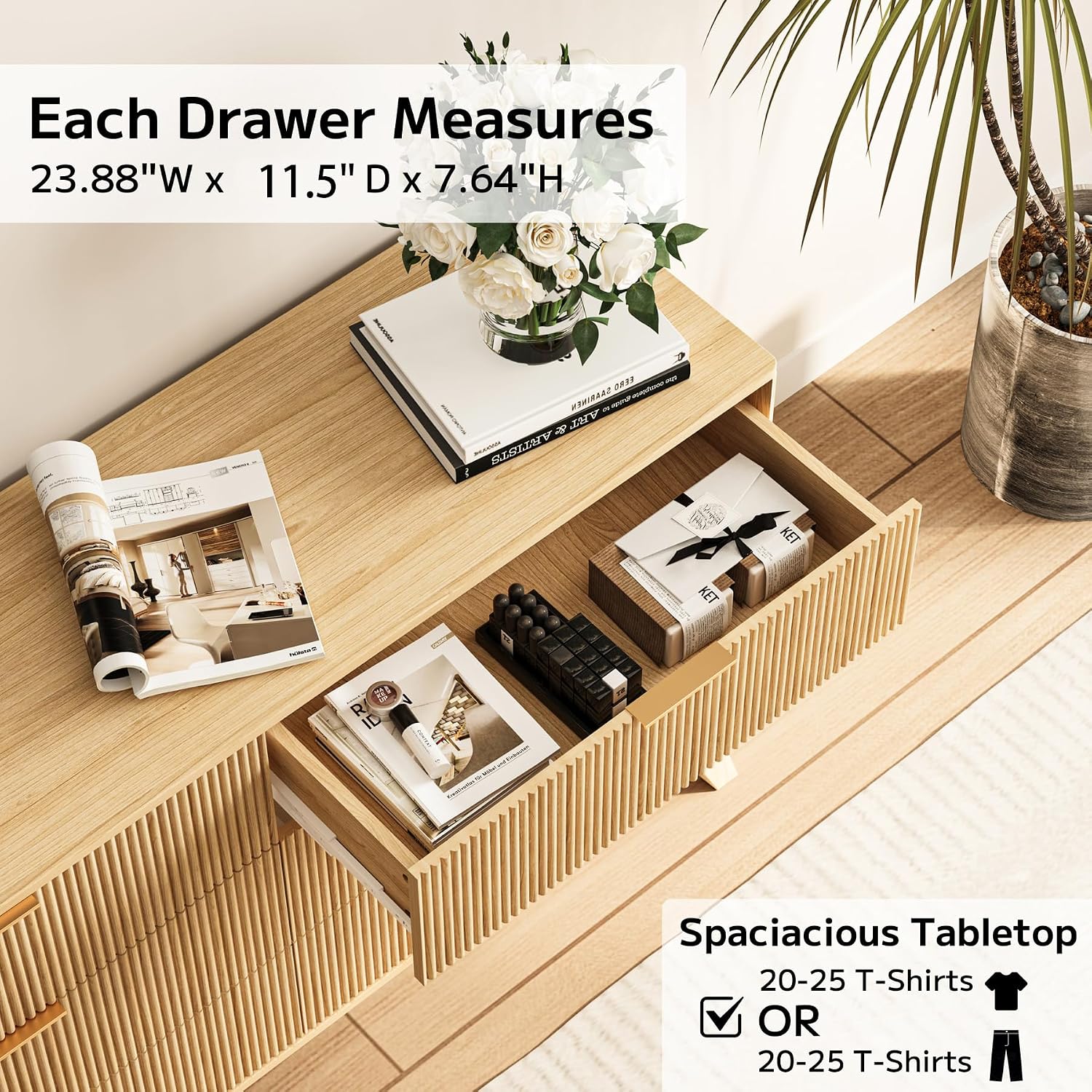 Fluted Dresser with 6 Drawers, 53.43 Inch Wood Double Dresser with Metal Handles Curved Design Wide Storage Organizer Cabinet Modern Chest Dressers for Bedroom Living Room Hallway(Oak)