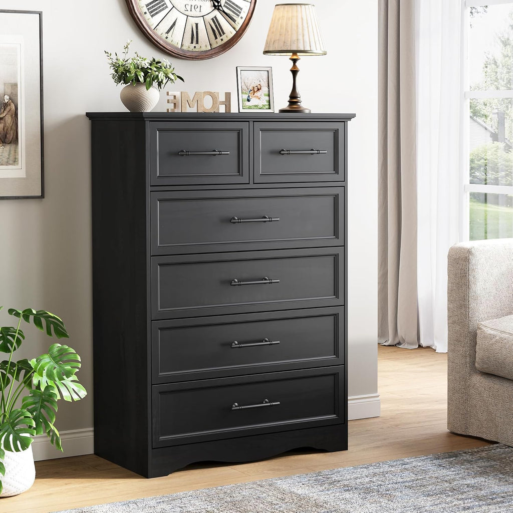 YANSNWO Black Farmhouse Dresser for Bedroom, Modern 6 Chest of Drawers, 44' Tall Chest of Drawers w/Brushed Metal Handle, Wood Closet Organizers and Storage Cabinet for Bedroom, Living Room, Hallway
