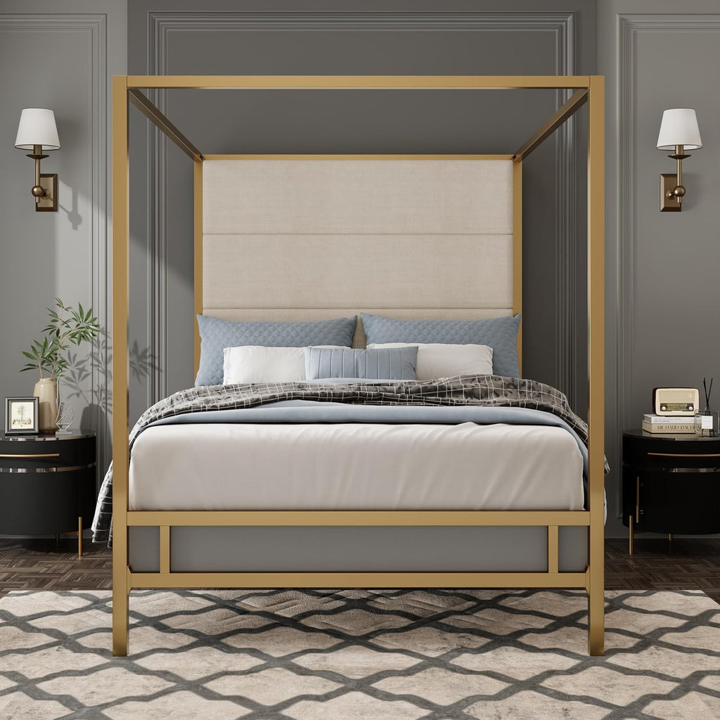 Modern Metal King Size Canopy Platform Bed with with Tall Linen Fabric Upholstered Headboard and 4 Poster Design, Box Spring Needed (Gold+Tan, King)