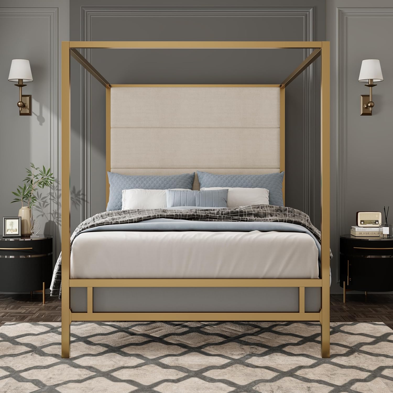 Modern Metal King Size Canopy Platform Bed with with Tall Linen Fabric Upholstered Headboard and 4 Poster Design, Box Spring Needed (Gold+Tan, King)