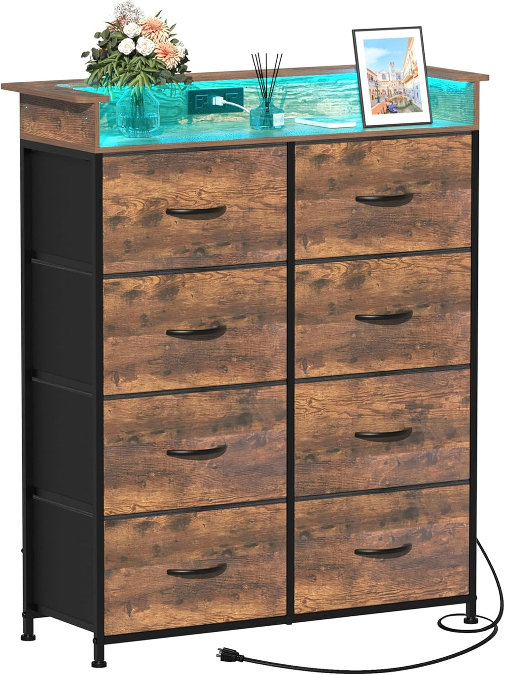 Tall Dresser for Bedroom with Charge Station 8 Drawers Dresser with LED Lights Chest Organizer Units for Hallway Entryway Closets Sturdy Steel Frame Wood Top Easy Pull Handle Rustic Brown