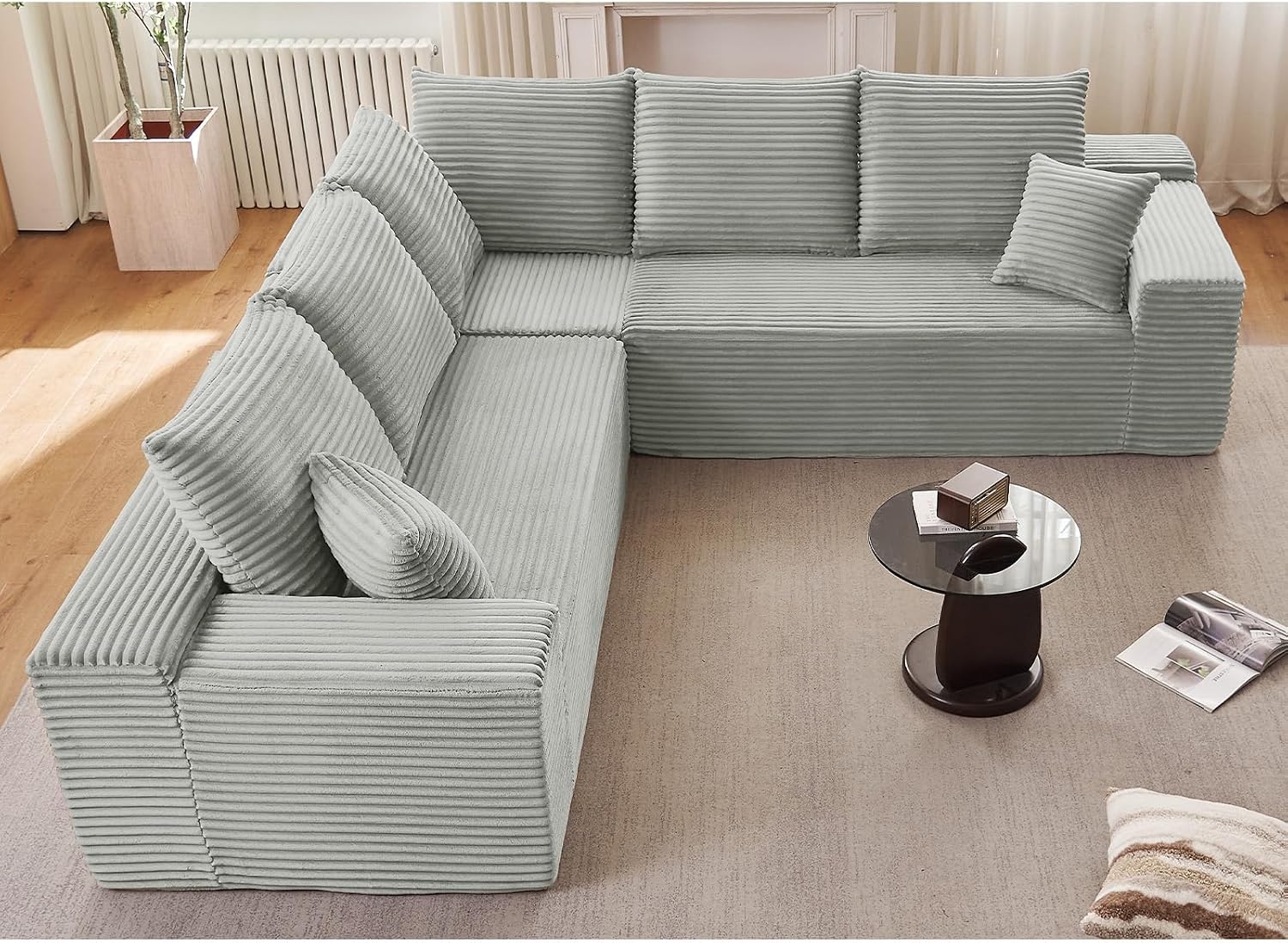 Sectional Cloud Couch for Living Room, Modern Modular Floor Deep-Seat Sofa, Upholstered L Shaped Sofas, Big Comfy Corduroy Couches Set for Living Room Bedroom, No Assembly Required, Grey