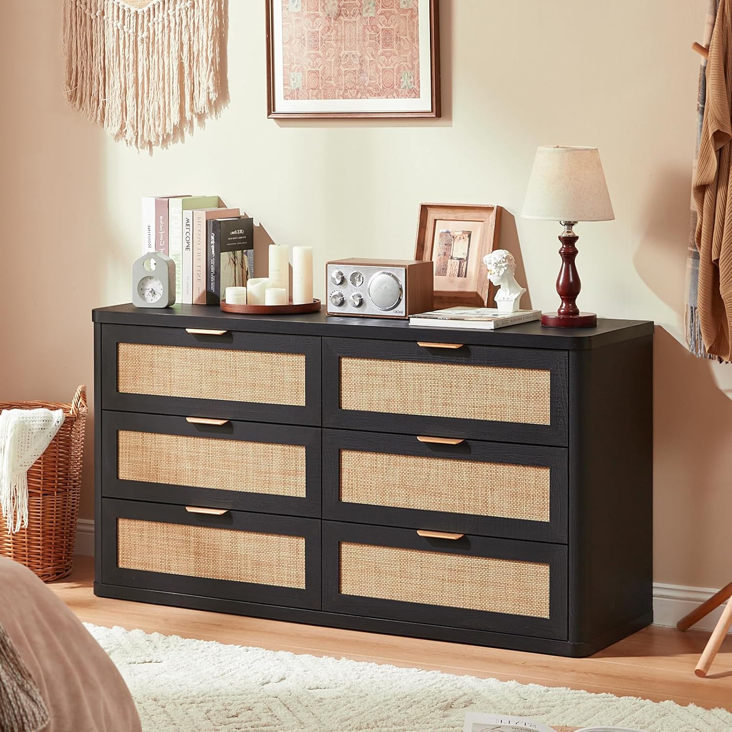 LEYAOYAO Rattan 6 Drawer Dresser for Bedroom Set of 2, Boho 54' Wide Black Dresser Chest of Drawers, Dressers TV Stand with Metal Handle, Storage Dressers Closet Organizer for Living Room, Hallway