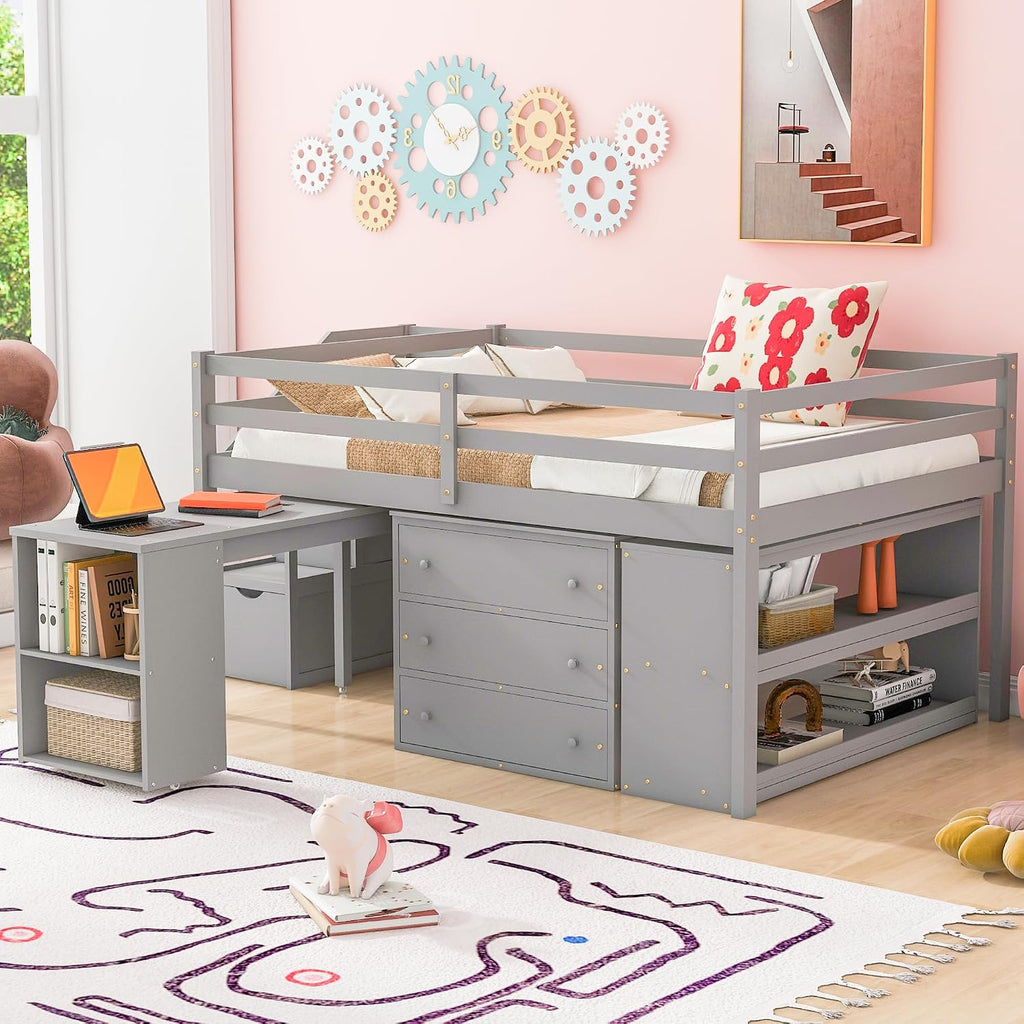 Full Size Loft Bed with Retractable Writing Desk, Wooden Loft Bed with 3 Drawers and Shelves, Storage Stairs, Versatility Low Loft Bed Storage Bed for Kids Boys Girls Bedroom (Gray,Storage Stairs)