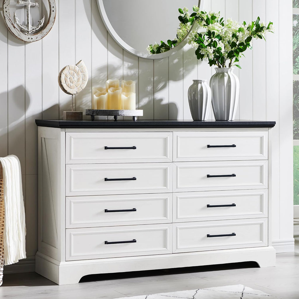 ACCOHOHO Farmhouse 8 Drawers Dresser Chests for Bedroom,52' Wide Wood Rustic Chest of Drawers with Metal Handle,Natural Texture,Drawer Organizer for Bedroom,Living Room,Hallway Entryway,Antique White