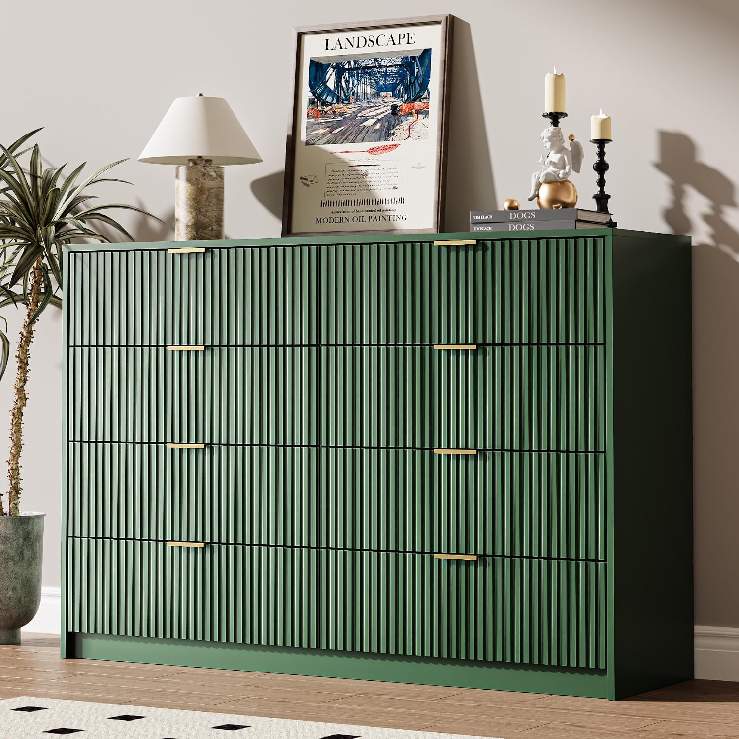 MAISONARIA Green Dresser for Bedroom, 8 Drawer Double Dresser, Modern Chest of Drawers for Bedroom, Living Room, Entryway and Closet, 55' L x 15.7' D x 37.4' H
