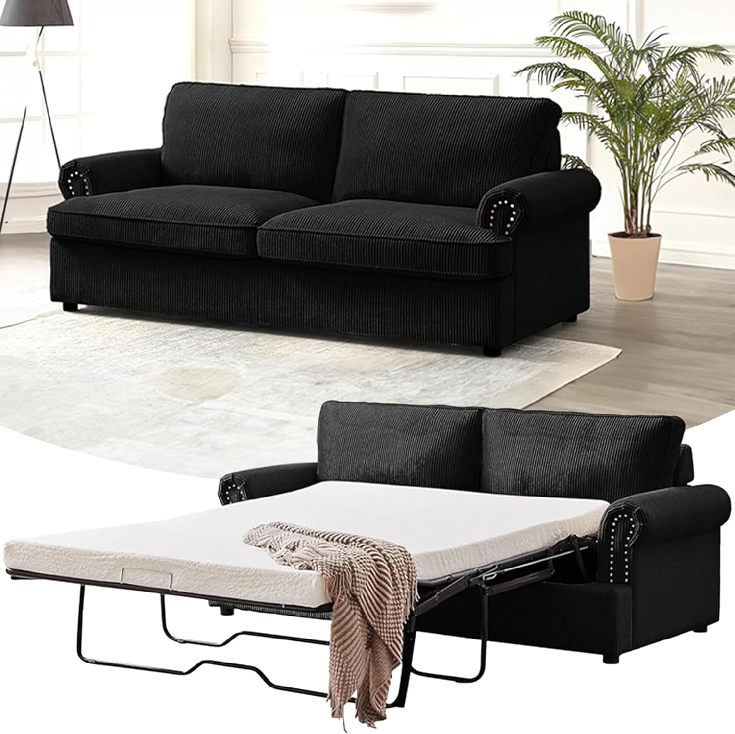 Reversible Sleeper Sofa Bed with Comfortable Memory Foam Mattress, Convertible Corduroy Full Size Pull Out Couch for Living Room, Space Saving Furniture, 76' Wide, Rounded Arms, Black