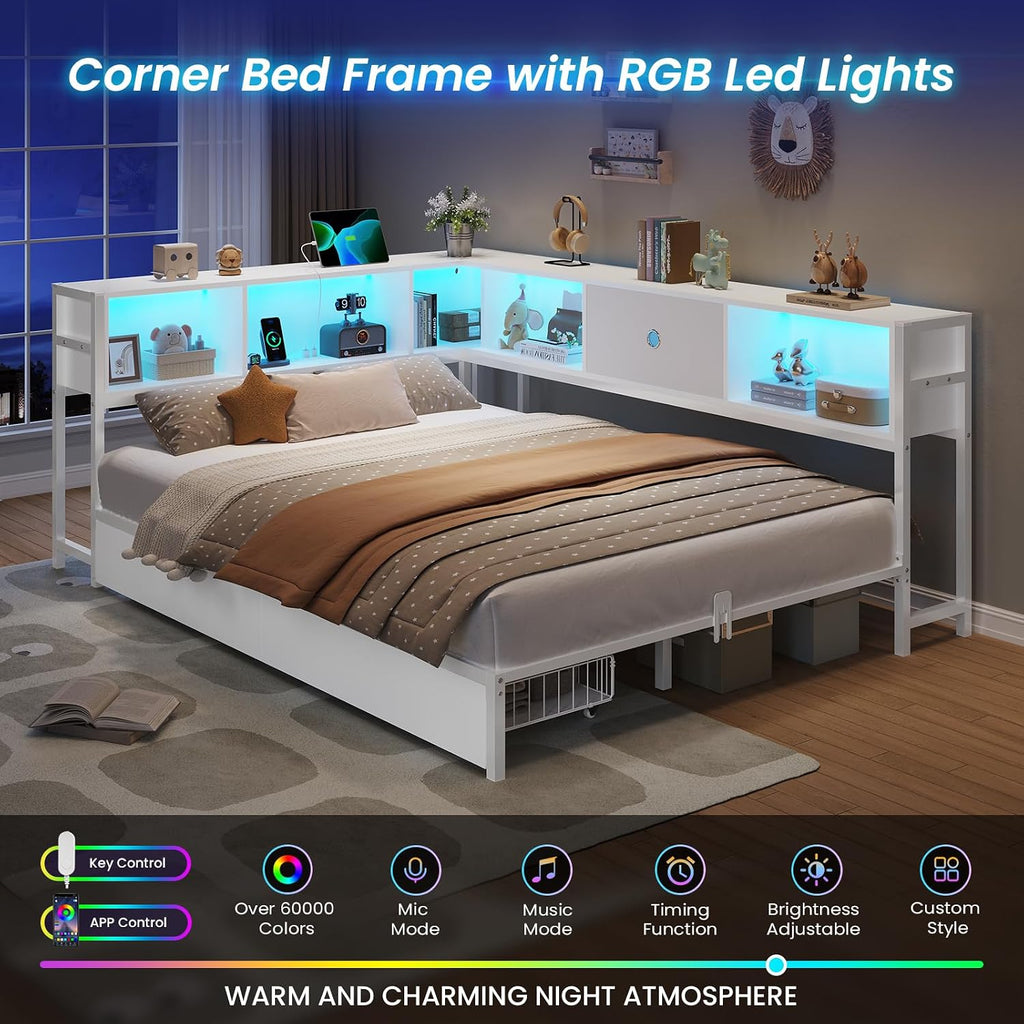 DICTAC Full Corner Bed Frame with Storage Drawers,Bookcase Headboard and Charging Station Full Size Metal Platform Corner Bed Frame with Storage and Led Lights Full Size Daybed for Teen Adult,White