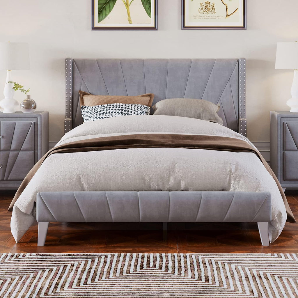 3 Pieces Velvet Bedroom Set with Full Upholstered Bed and Two Nightstand, Contemporary Furniture Set for Bedroom Living Room (Gray+3 Pieces+Full)