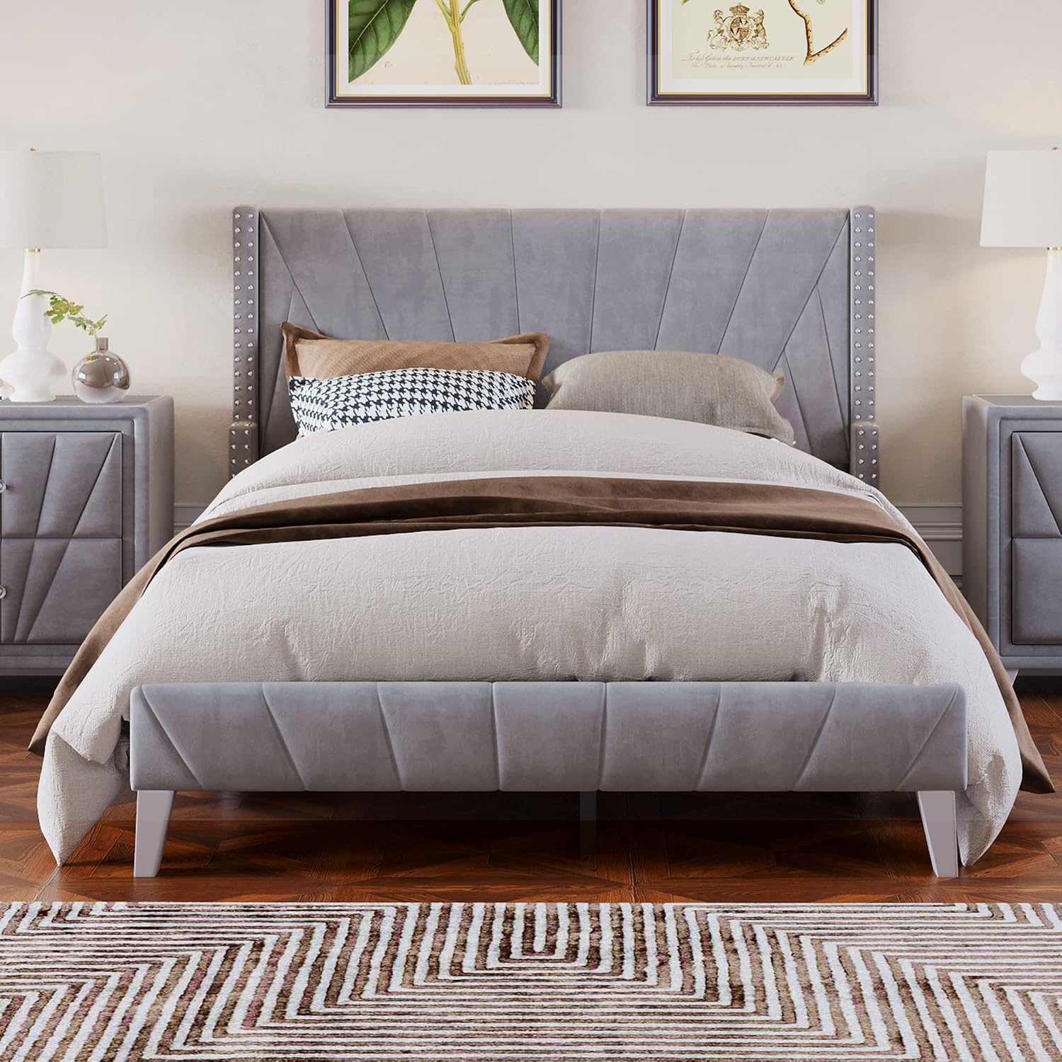 3 Pieces Velvet Bedroom Set with Full Upholstered Bed and Two Nightstand, Contemporary Furniture Set for Bedroom Living Room (Gray+3 Pieces+Full)